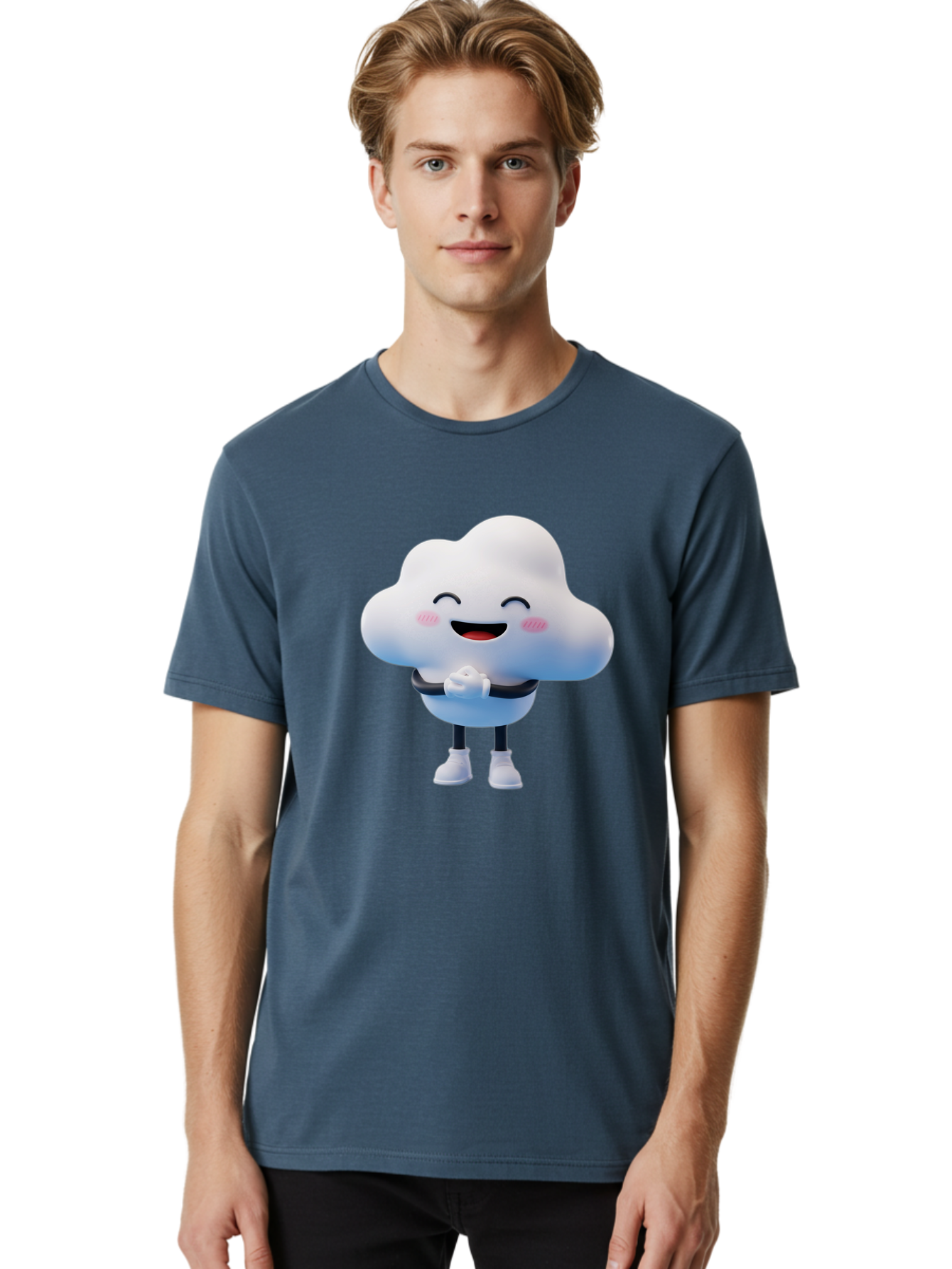 Cloud-Character Men'S Graphic Tee, 100% Cotton, Comfortable Casual Summer Wear, Machine Washable, Cartoon Cloud, Smiling Face, Rosy Cheeks, Happy Expression, Cute Design, Kawaii Character, Digital Illustration, Fluffy Cloud, Friendly Demeanor, Bae152