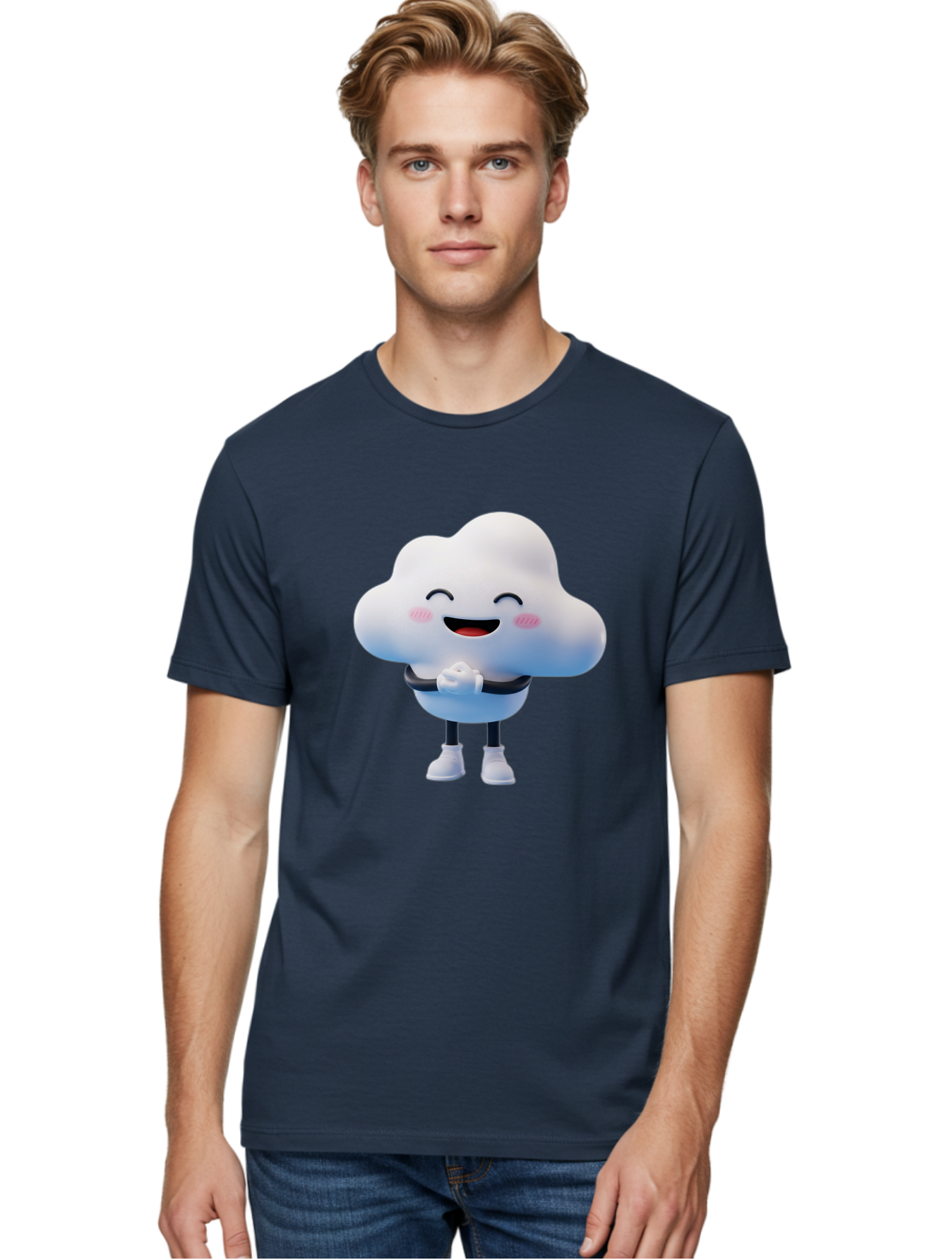Cloud-Character Men'S Graphic Tee, 100% Cotton, Comfortable Casual Summer Wear, Machine Washable, Cartoon Cloud, Smiling Face, Rosy Cheeks, Happy Expression, Cute Design, Kawaii Character, Digital Illustration, Fluffy Cloud, Friendly Demeanor, Bae152