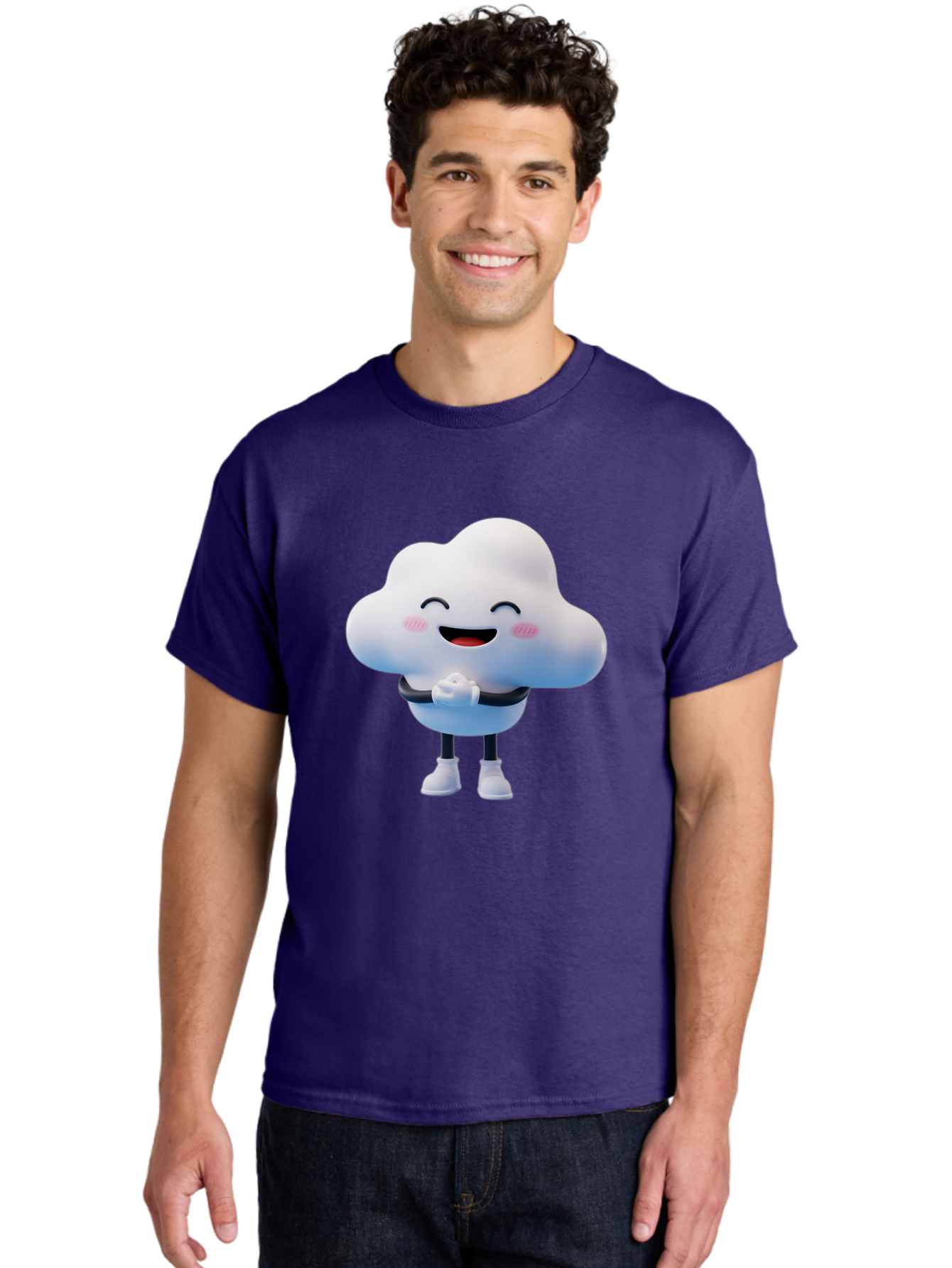Cloud-Character Men'S Graphic Tee, 100% Cotton, Comfortable Casual Summer Wear, Machine Washable, Cartoon Cloud, Smiling Face, Rosy Cheeks, Happy Expression, Cute Design, Kawaii Character, Digital Illustration, Fluffy Cloud, Friendly Demeanor, Bae152