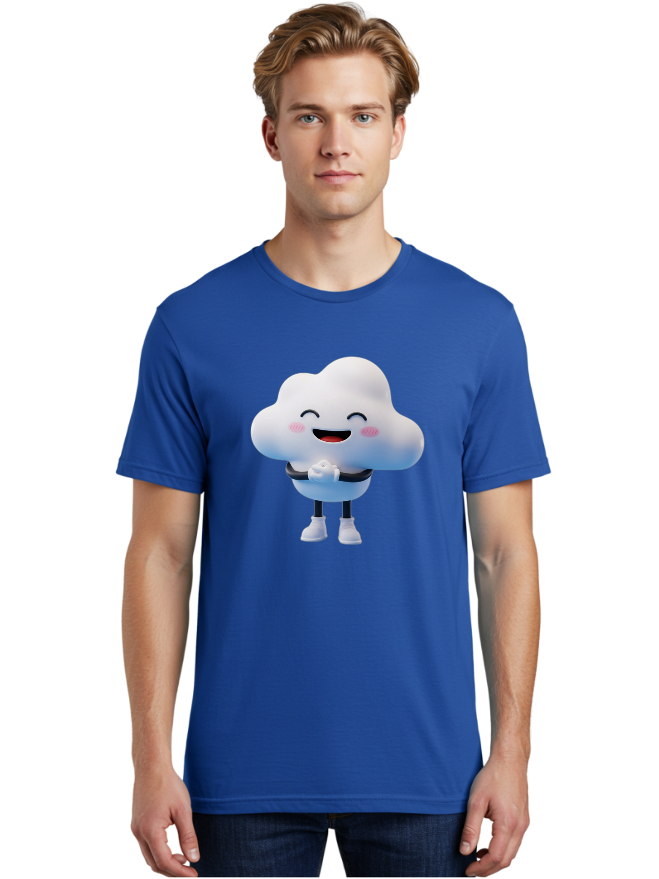 Cloud-Character Men'S Graphic Tee, 100% Cotton, Comfortable Casual Summer Wear, Machine Washable, Cartoon Cloud, Smiling Face, Rosy Cheeks, Happy Expression, Cute Design, Kawaii Character, Digital Illustration, Fluffy Cloud, Friendly Demeanor, Bae152