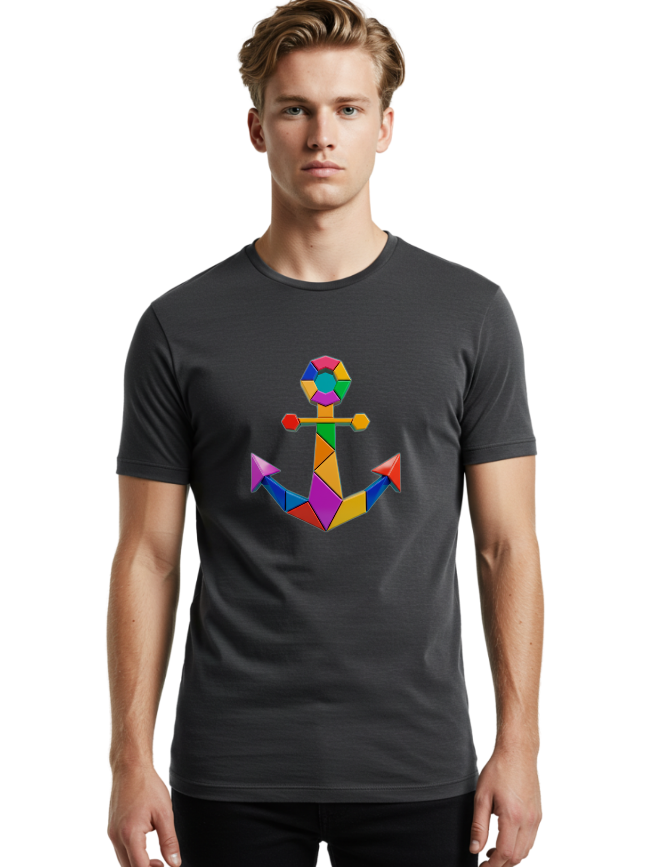 Colorful-Anchor Men'S Graphic Tee, 100% Cotton, Comfortable Casual Summer Wear, Machine Washable, Mosaic Art, Anchor Symbol, Colorful Design, Nautical Theme, Geometric Shapes, Vibrant Colors, Abstract Art, Creative Design, Modern Decoration Bae153