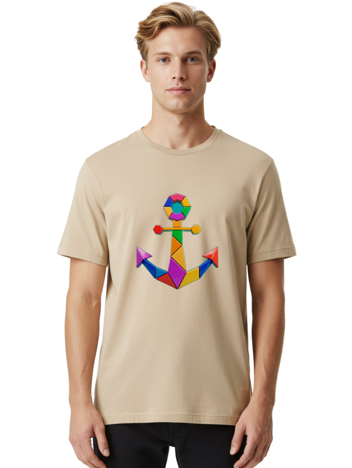 Colorful-Anchor Men'S Graphic Tee, 100% Cotton, Comfortable Casual Summer Wear, Machine Washable, Mosaic Art, Anchor Symbol, Colorful Design, Nautical Theme, Geometric Shapes, Vibrant Colors, Abstract Art, Creative Design, Modern Decoration Bae153