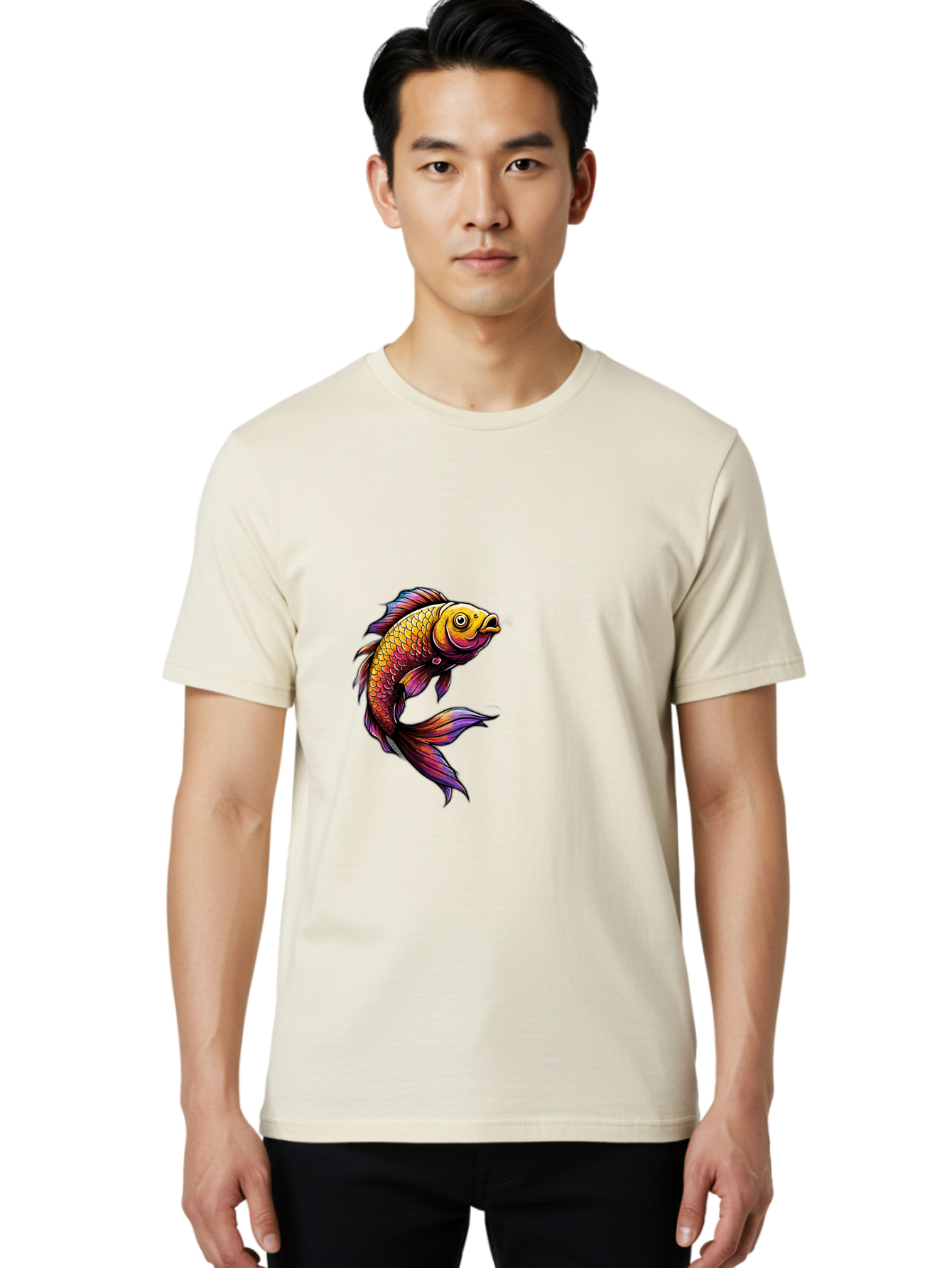 Colorful-Fish Men'S Graphic Tee, 100% Cotton, Comfortable Casual Summer Wear, Machine Washable, Goldfish, Vibrant Fish, Colorful Scales, Stylized Artwork, Aquatic Life, Cartoon Style, Whimsical Design, Digital Illustration, Fantasy Fish, Bae154