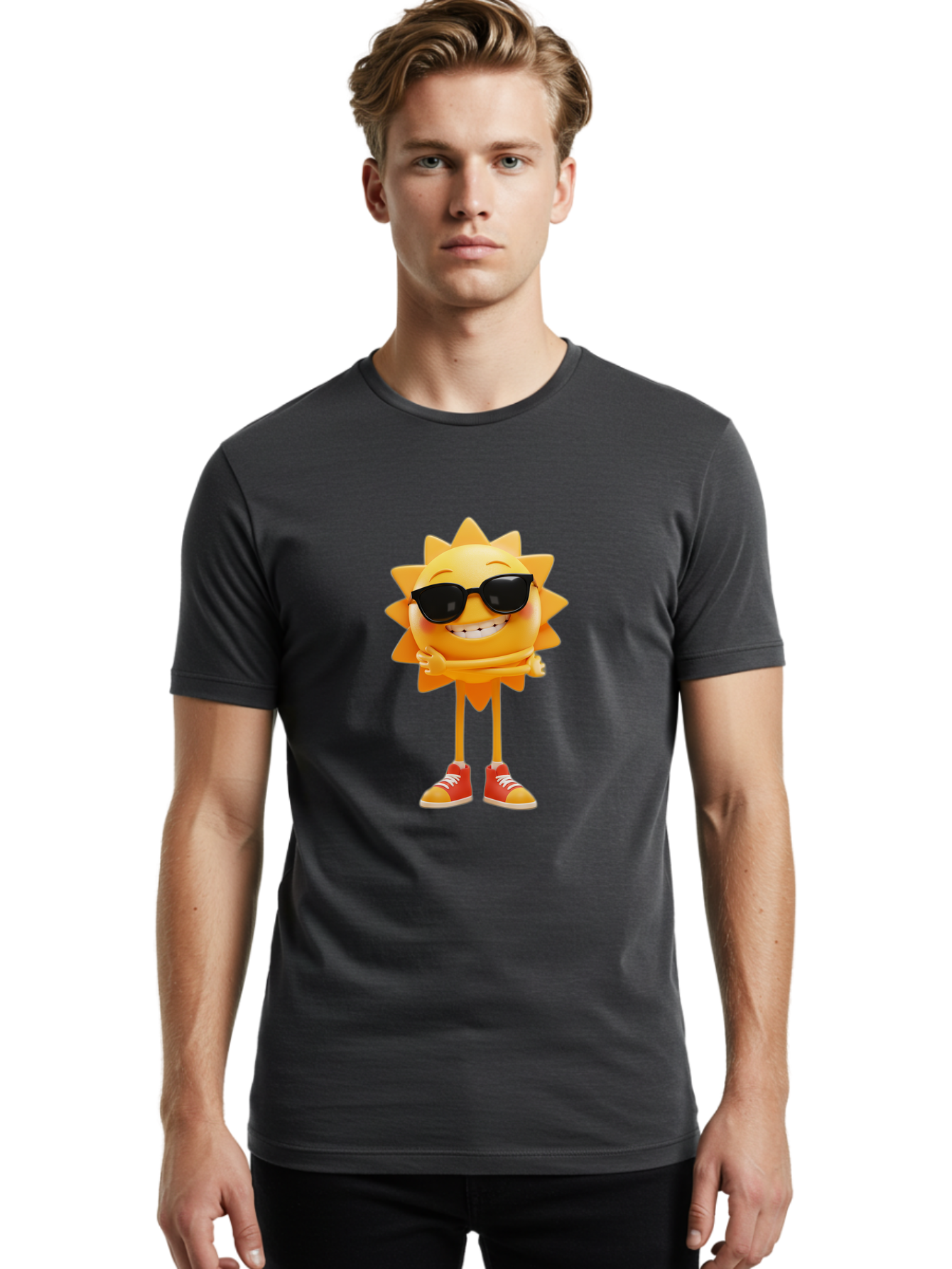Cool-Sun Men'S Graphic Tee, 100% Cotton, Comfortable Casual Summer Wear, Machine Washable, Smiling Sun, Sunglasses, Cartoon Character, Happy Vibes, Orange Sneakers, Sun Rays, Cheerful Expression, Fun Design, Vibrant Personality, Bae156