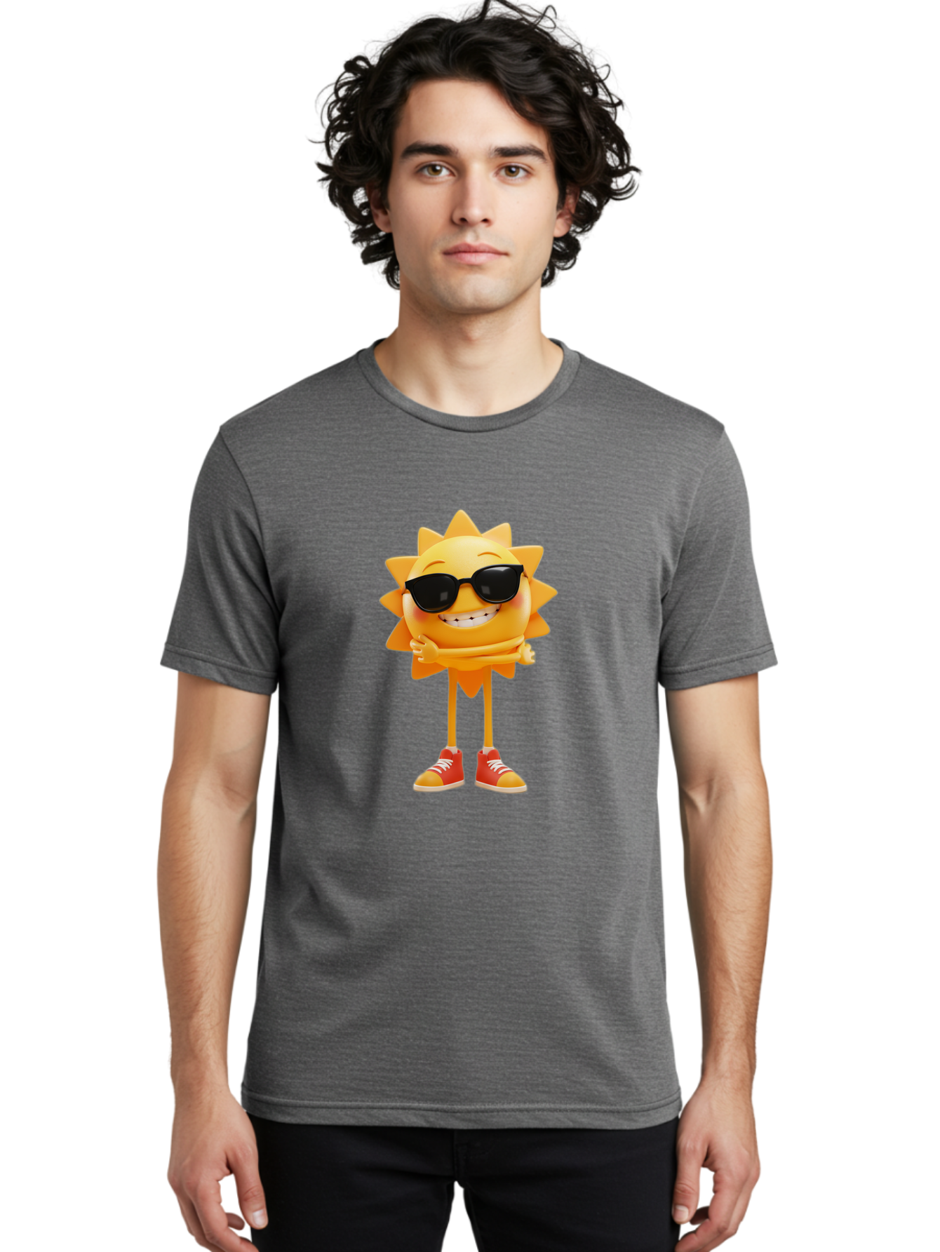 Cool-Sun Men'S Graphic Tee, 100% Cotton, Comfortable Casual Summer Wear, Machine Washable, Smiling Sun, Sunglasses, Cartoon Character, Happy Vibes, Orange Sneakers, Sun Rays, Cheerful Expression, Fun Design, Vibrant Personality, Bae156