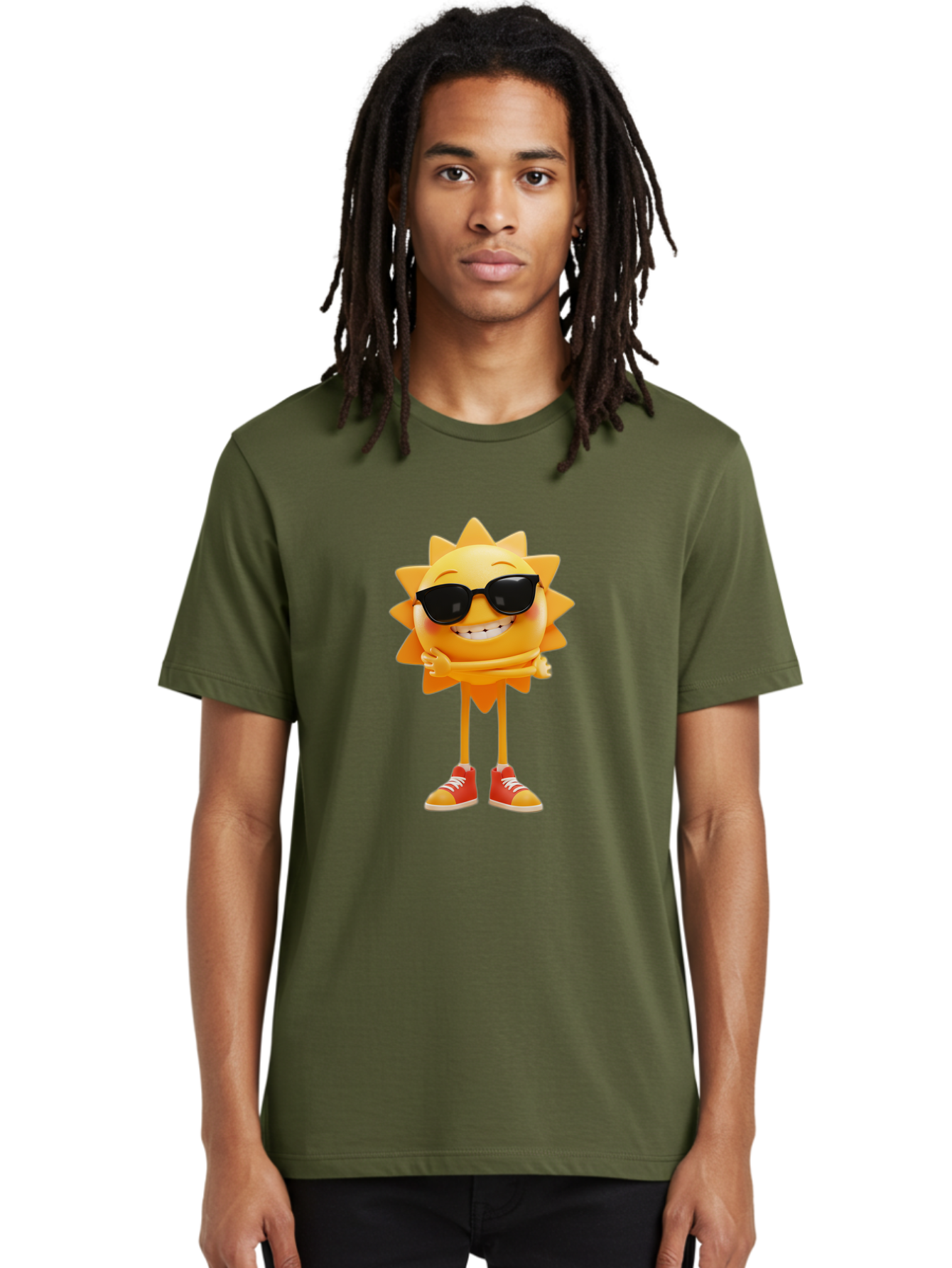 Cool-Sun Men'S Graphic Tee, 100% Cotton, Comfortable Casual Summer Wear, Machine Washable, Smiling Sun, Sunglasses, Cartoon Character, Happy Vibes, Orange Sneakers, Sun Rays, Cheerful Expression, Fun Design, Vibrant Personality, Bae156