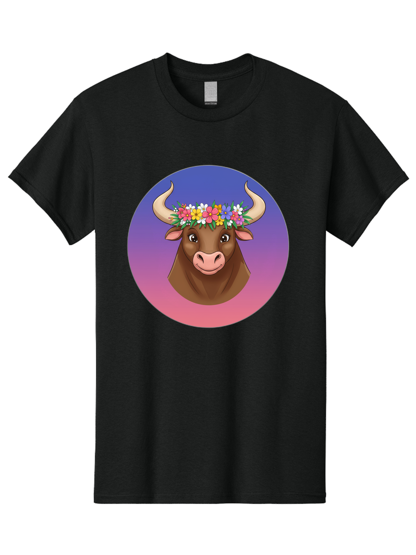 Cow-With-Flowers Men'S Graphic Tee, 100% Cotton, Comfortable Casual Summer Wear, Machine Washable, Cartoon Cow, Floral Crown, Colorful Flowers, Animal Illustration, Vibrant Colors, Whimsical Art, Happy Cow, Flower Power, Nature-Inspired Design Bae158