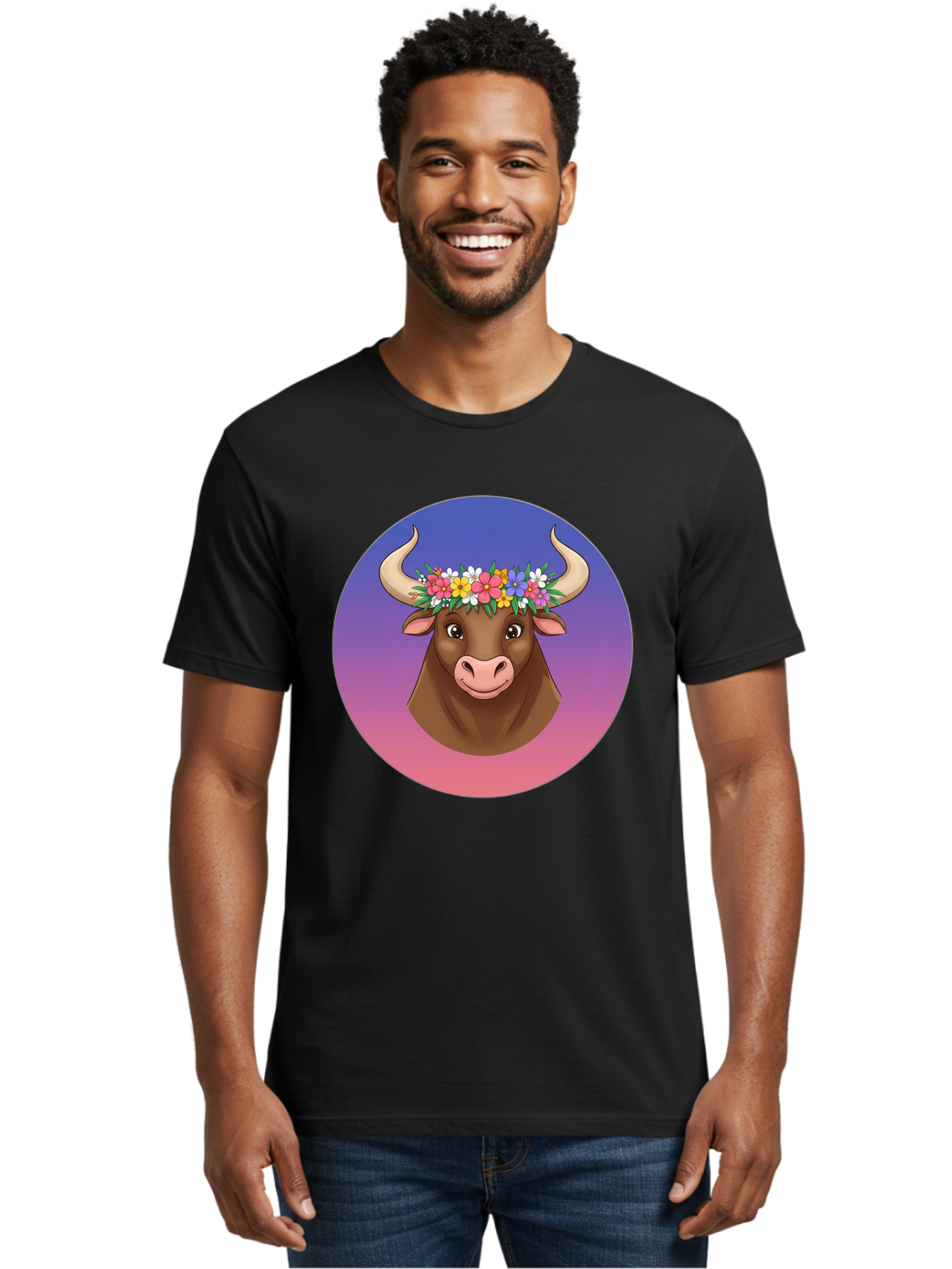 Cow-With-Flowers Men'S Graphic Tee, 100% Cotton, Comfortable Casual Summer Wear, Machine Washable, Cartoon Cow, Floral Crown, Colorful Flowers, Animal Illustration, Vibrant Colors, Whimsical Art, Happy Cow, Flower Power, Nature-Inspired Design Bae158