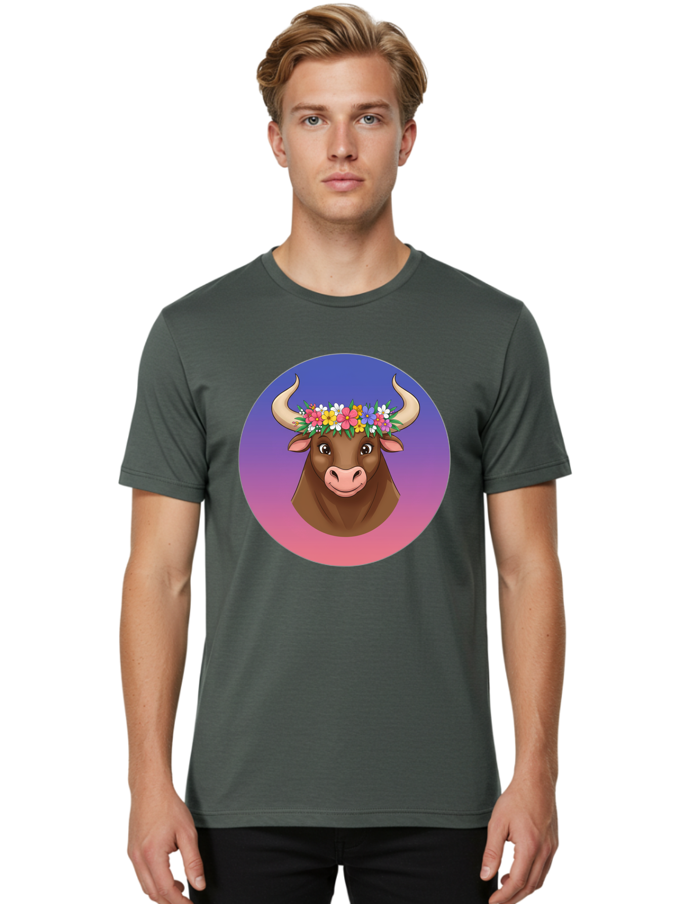 Cow-With-Flowers Men'S Graphic Tee, 100% Cotton, Comfortable Casual Summer Wear, Machine Washable, Cartoon Cow, Floral Crown, Colorful Flowers, Animal Illustration, Vibrant Colors, Whimsical Art, Happy Cow, Flower Power, Nature-Inspired Design Bae158