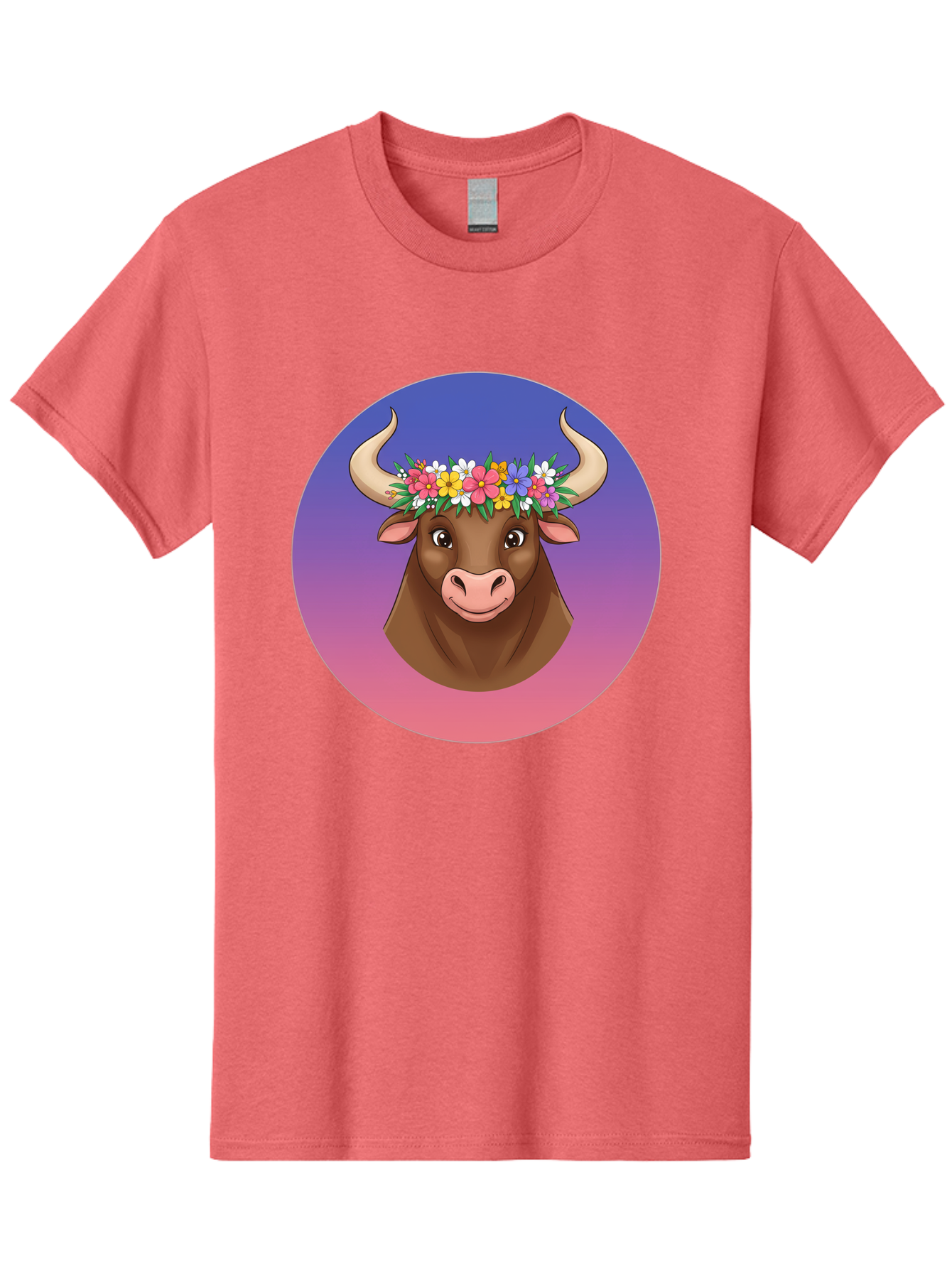 Cow-With-Flowers Men'S Graphic Tee, 100% Cotton, Comfortable Casual Summer Wear, Machine Washable, Cartoon Cow, Floral Crown, Colorful Flowers, Animal Illustration, Vibrant Colors, Whimsical Art, Happy Cow, Flower Power, Nature-Inspired Design Bae158
