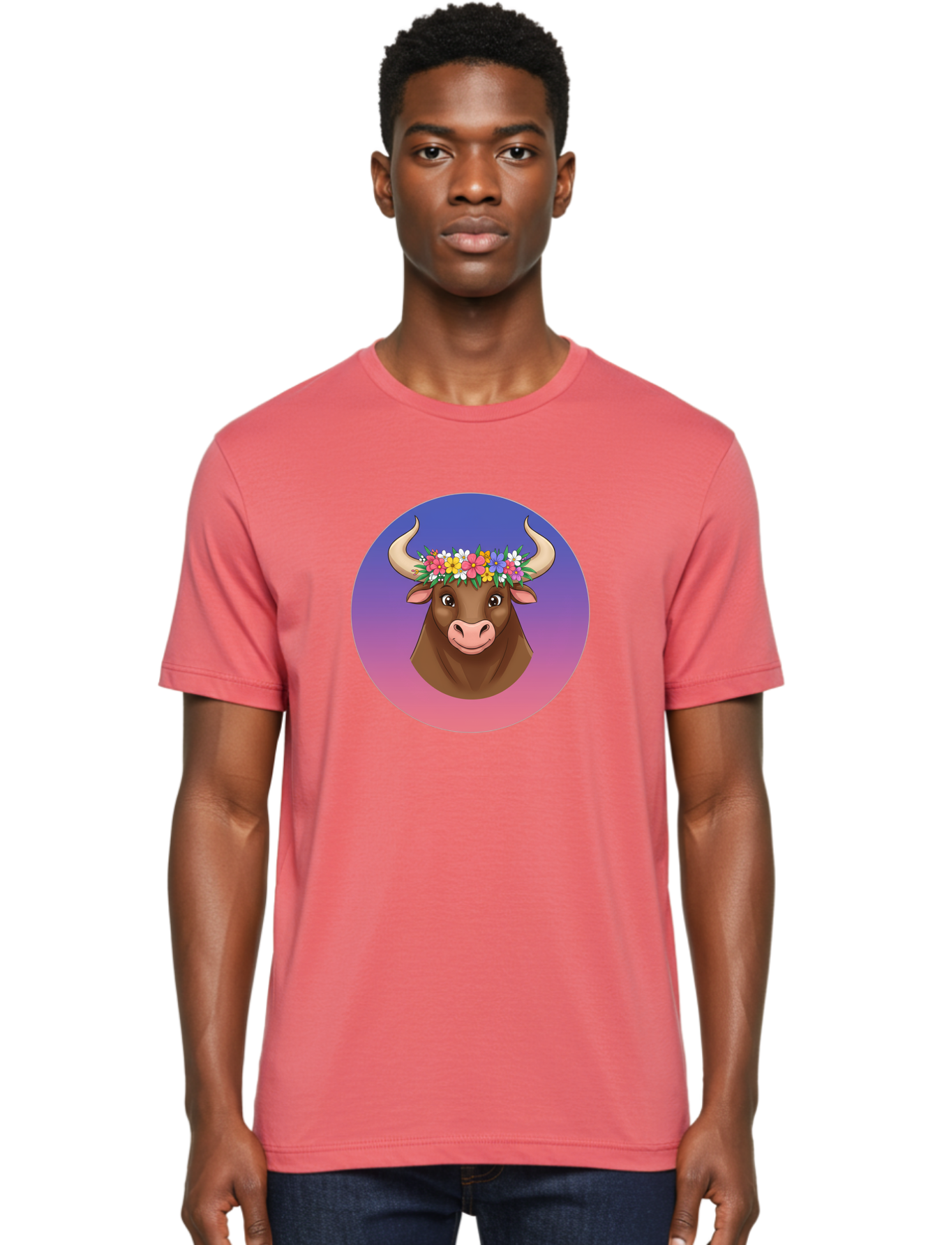 Cow-With-Flowers Men'S Graphic Tee, 100% Cotton, Comfortable Casual Summer Wear, Machine Washable, Cartoon Cow, Floral Crown, Colorful Flowers, Animal Illustration, Vibrant Colors, Whimsical Art, Happy Cow, Flower Power, Nature-Inspired Design Bae158