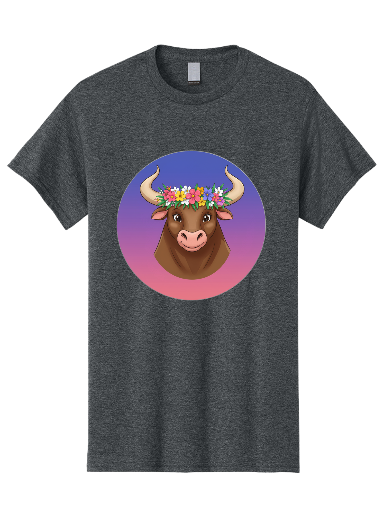 Cow-With-Flowers Men'S Graphic Tee, 100% Cotton, Comfortable Casual Summer Wear, Machine Washable, Cartoon Cow, Floral Crown, Colorful Flowers, Animal Illustration, Vibrant Colors, Whimsical Art, Happy Cow, Flower Power, Nature-Inspired Design Bae158