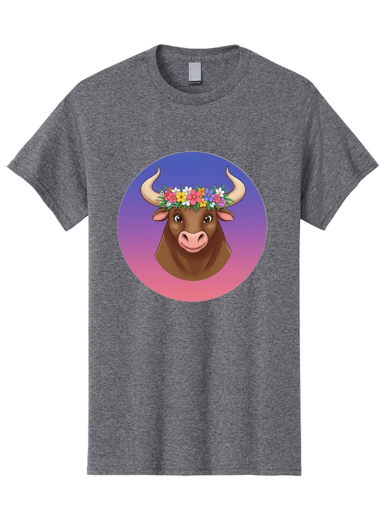 Cow-With-Flowers Men'S Graphic Tee, 100% Cotton, Comfortable Casual Summer Wear, Machine Washable, Cartoon Cow, Floral Crown, Colorful Flowers, Animal Illustration, Vibrant Colors, Whimsical Art, Happy Cow, Flower Power, Nature-Inspired Design Bae158