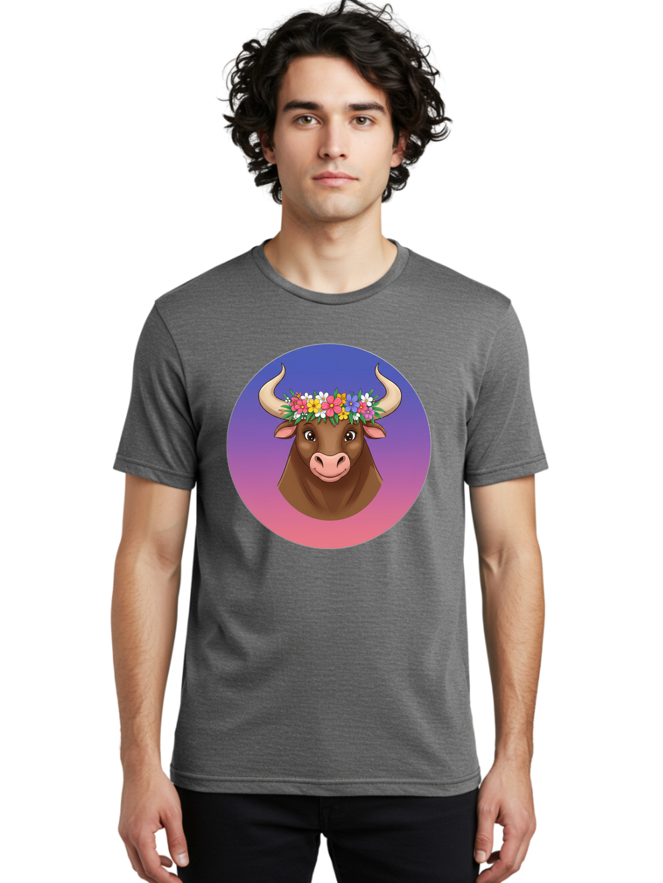 Cow-With-Flowers Men'S Graphic Tee, 100% Cotton, Comfortable Casual Summer Wear, Machine Washable, Cartoon Cow, Floral Crown, Colorful Flowers, Animal Illustration, Vibrant Colors, Whimsical Art, Happy Cow, Flower Power, Nature-Inspired Design Bae158