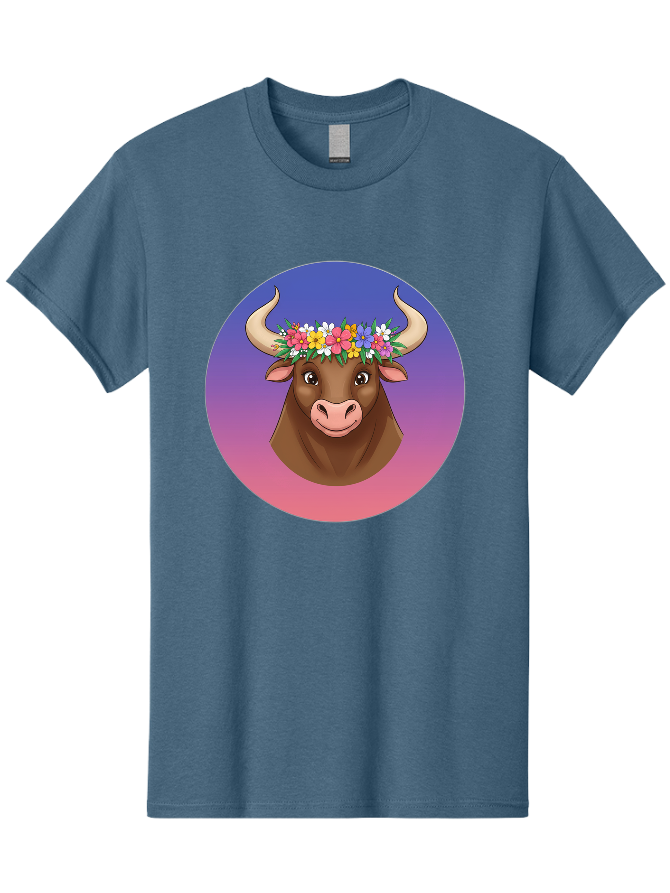 Cow-With-Flowers Men'S Graphic Tee, 100% Cotton, Comfortable Casual Summer Wear, Machine Washable, Cartoon Cow, Floral Crown, Colorful Flowers, Animal Illustration, Vibrant Colors, Whimsical Art, Happy Cow, Flower Power, Nature-Inspired Design Bae158