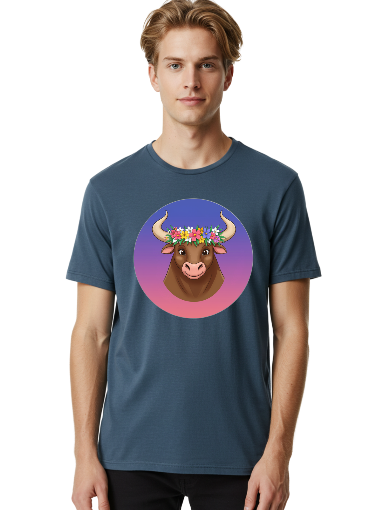 Cow-With-Flowers Men'S Graphic Tee, 100% Cotton, Comfortable Casual Summer Wear, Machine Washable, Cartoon Cow, Floral Crown, Colorful Flowers, Animal Illustration, Vibrant Colors, Whimsical Art, Happy Cow, Flower Power, Nature-Inspired Design Bae158