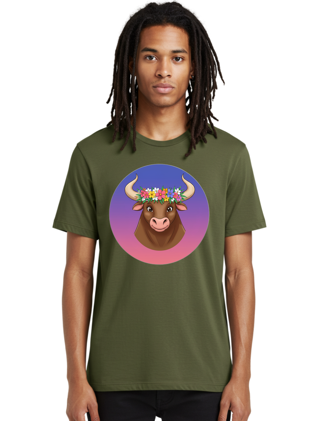 Cow-With-Flowers Men'S Graphic Tee, 100% Cotton, Comfortable Casual Summer Wear, Machine Washable, Cartoon Cow, Floral Crown, Colorful Flowers, Animal Illustration, Vibrant Colors, Whimsical Art, Happy Cow, Flower Power, Nature-Inspired Design Bae158
