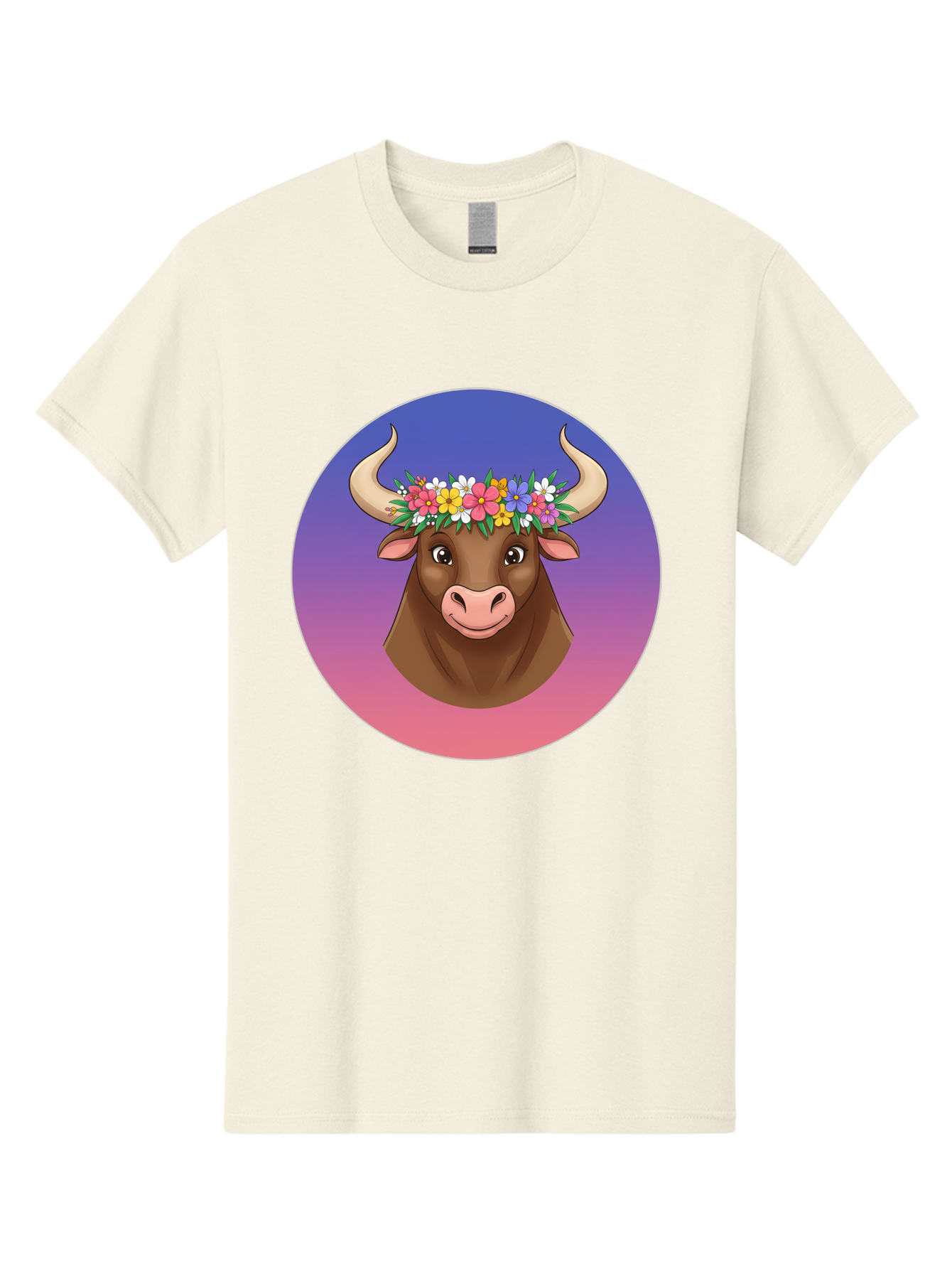 Cow-With-Flowers Men'S Graphic Tee, 100% Cotton, Comfortable Casual Summer Wear, Machine Washable, Cartoon Cow, Floral Crown, Colorful Flowers, Animal Illustration, Vibrant Colors, Whimsical Art, Happy Cow, Flower Power, Nature-Inspired Design Bae158
