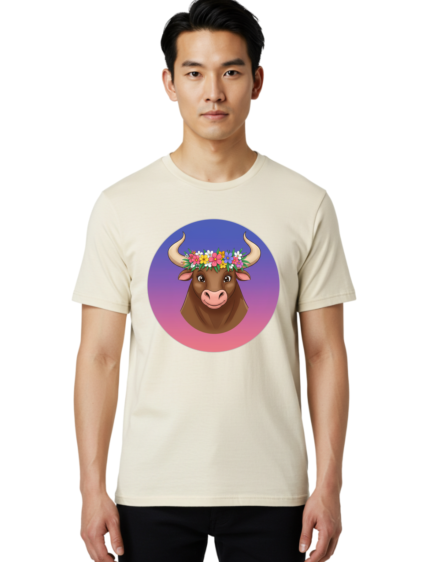 Cow-With-Flowers Men'S Graphic Tee, 100% Cotton, Comfortable Casual Summer Wear, Machine Washable, Cartoon Cow, Floral Crown, Colorful Flowers, Animal Illustration, Vibrant Colors, Whimsical Art, Happy Cow, Flower Power, Nature-Inspired Design Bae158