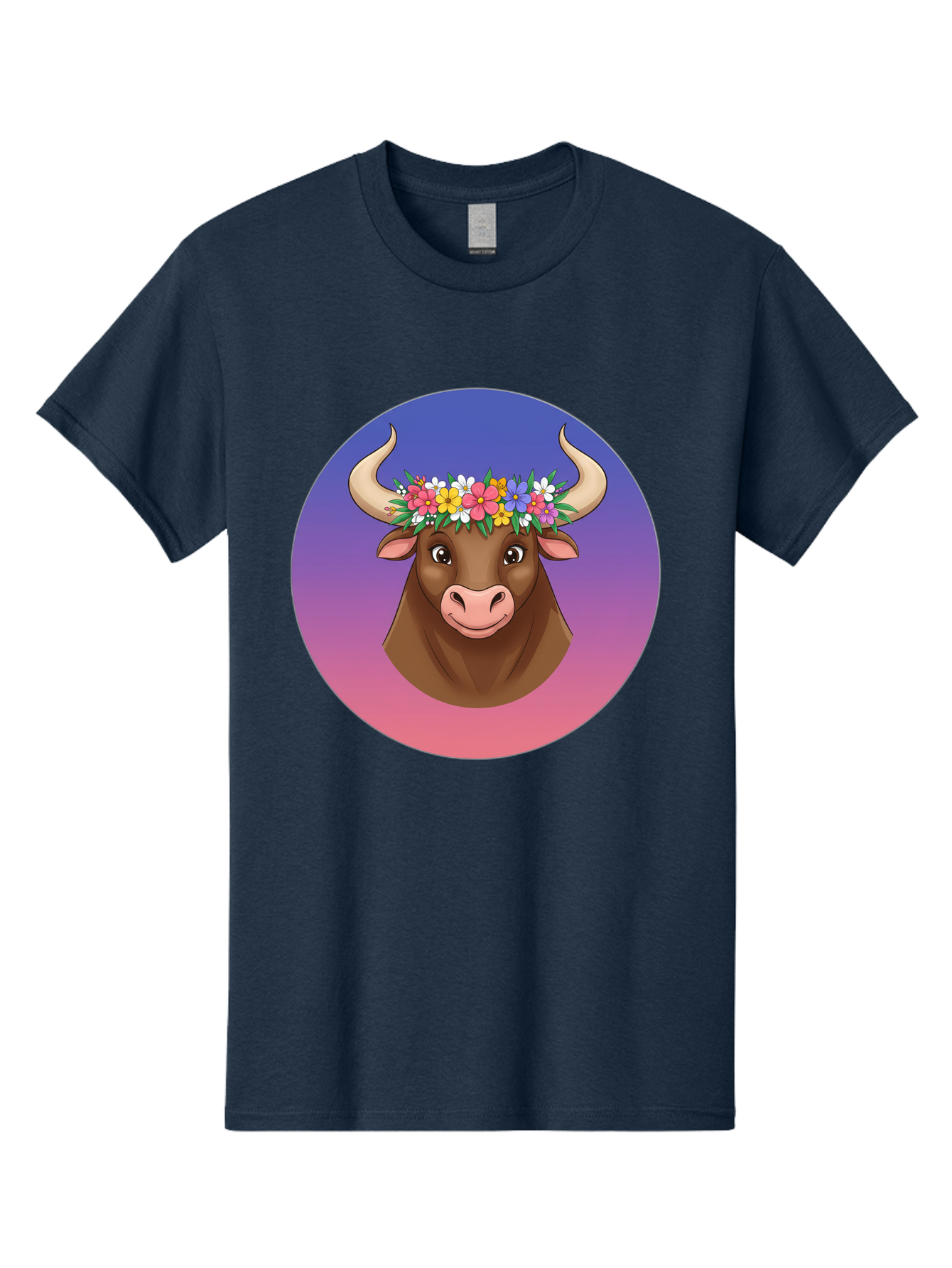 Cow-With-Flowers Men'S Graphic Tee, 100% Cotton, Comfortable Casual Summer Wear, Machine Washable, Cartoon Cow, Floral Crown, Colorful Flowers, Animal Illustration, Vibrant Colors, Whimsical Art, Happy Cow, Flower Power, Nature-Inspired Design Bae158