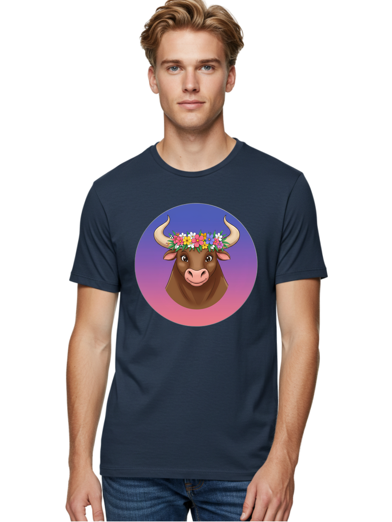 Cow-With-Flowers Men'S Graphic Tee, 100% Cotton, Comfortable Casual Summer Wear, Machine Washable, Cartoon Cow, Floral Crown, Colorful Flowers, Animal Illustration, Vibrant Colors, Whimsical Art, Happy Cow, Flower Power, Nature-Inspired Design Bae158
