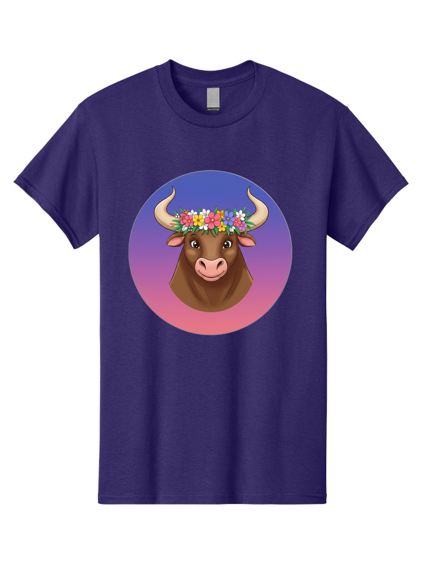 Cow-With-Flowers Men'S Graphic Tee, 100% Cotton, Comfortable Casual Summer Wear, Machine Washable, Cartoon Cow, Floral Crown, Colorful Flowers, Animal Illustration, Vibrant Colors, Whimsical Art, Happy Cow, Flower Power, Nature-Inspired Design Bae158