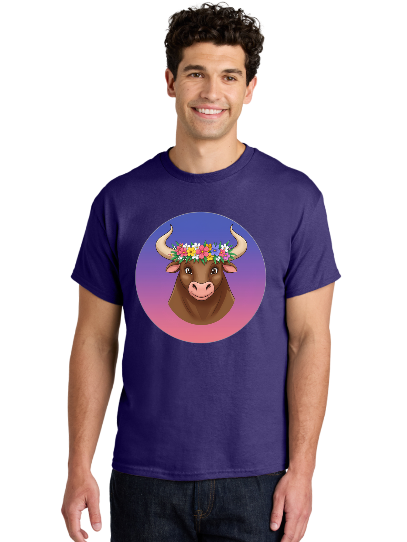 Cow-With-Flowers Men'S Graphic Tee, 100% Cotton, Comfortable Casual Summer Wear, Machine Washable, Cartoon Cow, Floral Crown, Colorful Flowers, Animal Illustration, Vibrant Colors, Whimsical Art, Happy Cow, Flower Power, Nature-Inspired Design Bae158