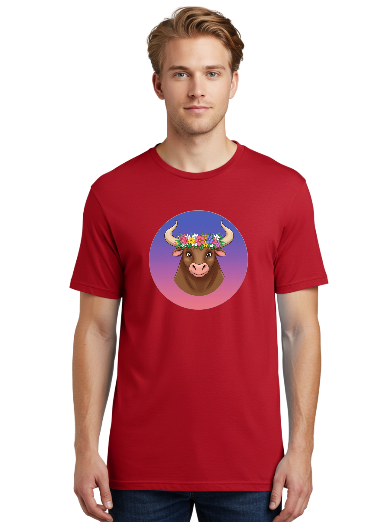 Cow-With-Flowers Men'S Graphic Tee, 100% Cotton, Comfortable Casual Summer Wear, Machine Washable, Cartoon Cow, Floral Crown, Colorful Flowers, Animal Illustration, Vibrant Colors, Whimsical Art, Happy Cow, Flower Power, Nature-Inspired Design Bae158