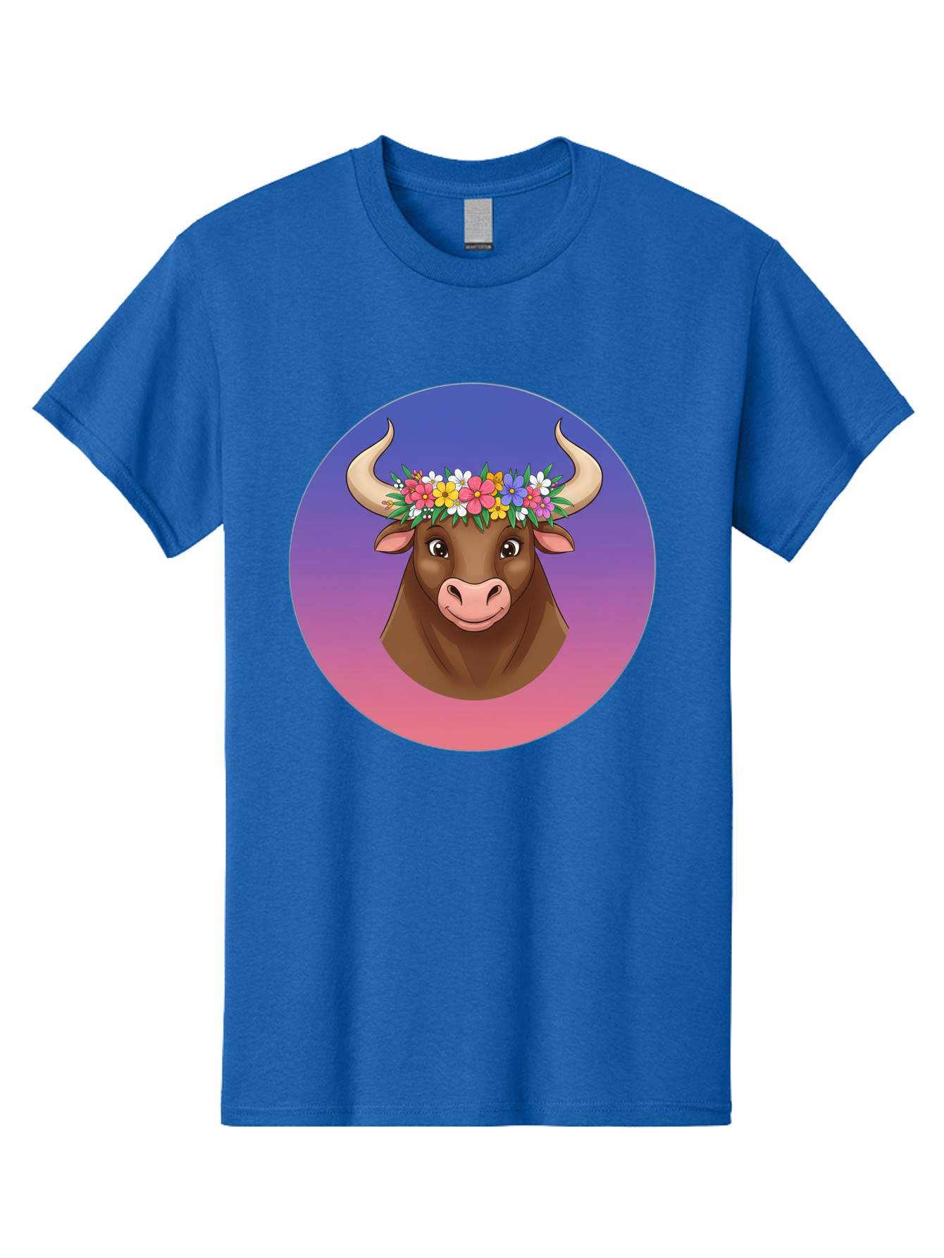 Cow-With-Flowers Men'S Graphic Tee, 100% Cotton, Comfortable Casual Summer Wear, Machine Washable, Cartoon Cow, Floral Crown, Colorful Flowers, Animal Illustration, Vibrant Colors, Whimsical Art, Happy Cow, Flower Power, Nature-Inspired Design Bae158