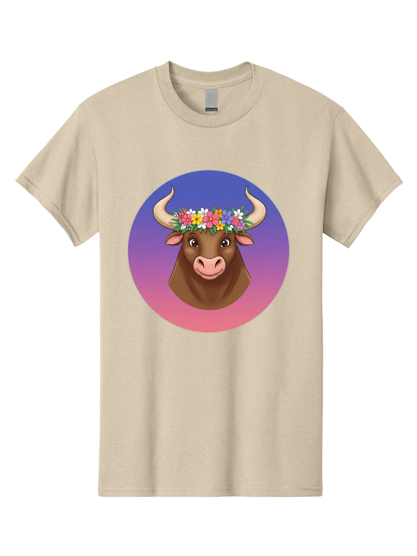 Cow-With-Flowers Men'S Graphic Tee, 100% Cotton, Comfortable Casual Summer Wear, Machine Washable, Cartoon Cow, Floral Crown, Colorful Flowers, Animal Illustration, Vibrant Colors, Whimsical Art, Happy Cow, Flower Power, Nature-Inspired Design Bae158