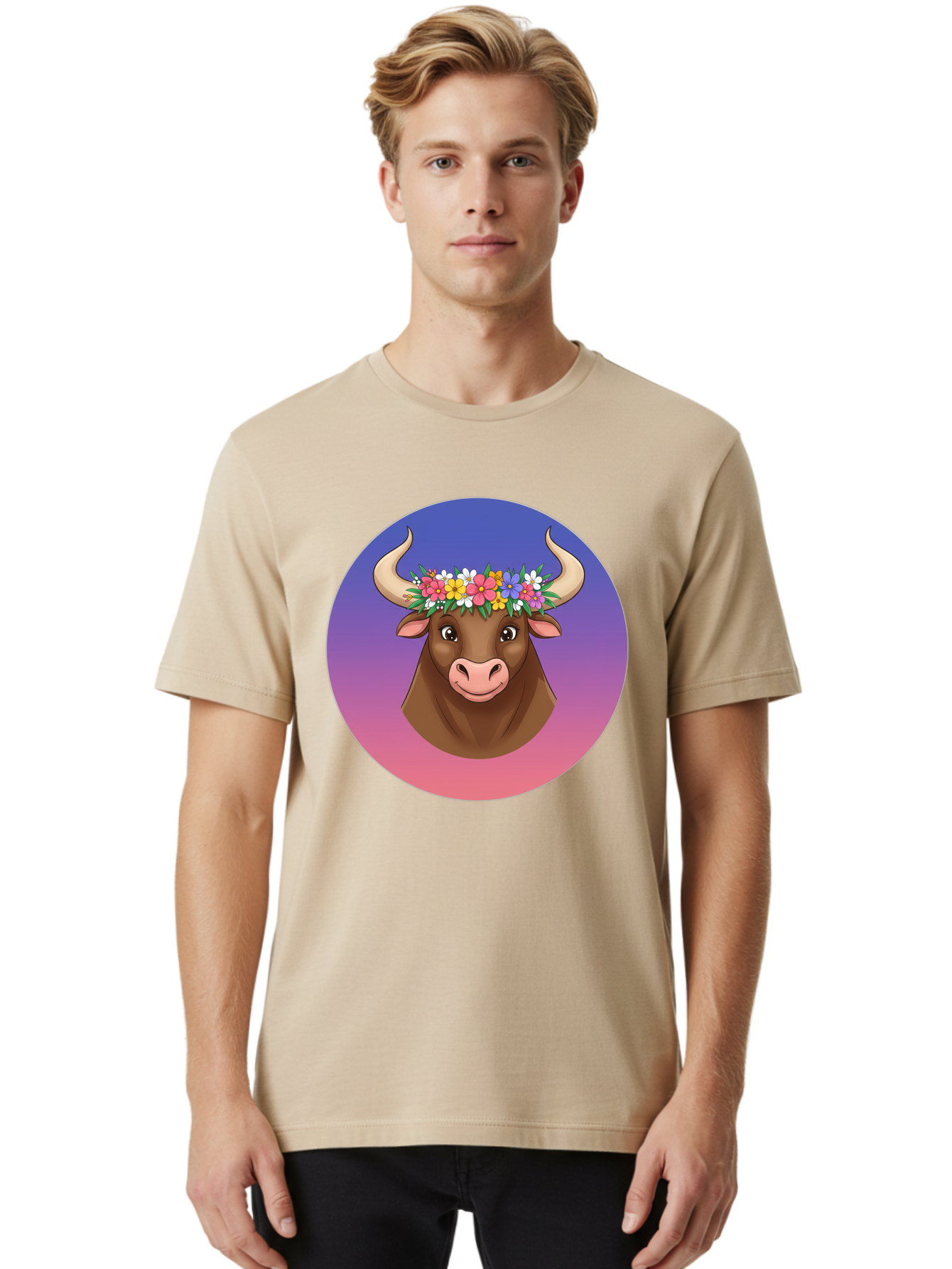 Cow-With-Flowers Men'S Graphic Tee, 100% Cotton, Comfortable Casual Summer Wear, Machine Washable, Cartoon Cow, Floral Crown, Colorful Flowers, Animal Illustration, Vibrant Colors, Whimsical Art, Happy Cow, Flower Power, Nature-Inspired Design Bae158