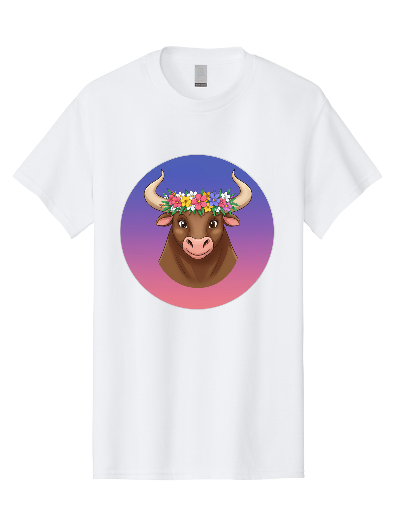 Cow-With-Flowers Men'S Graphic Tee, 100% Cotton, Comfortable Casual Summer Wear, Machine Washable, Cartoon Cow, Floral Crown, Colorful Flowers, Animal Illustration, Vibrant Colors, Whimsical Art, Happy Cow, Flower Power, Nature-Inspired Design Bae158