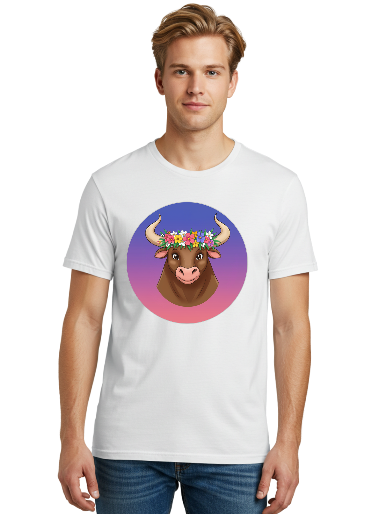 Cow-With-Flowers Men'S Graphic Tee, 100% Cotton, Comfortable Casual Summer Wear, Machine Washable, Cartoon Cow, Floral Crown, Colorful Flowers, Animal Illustration, Vibrant Colors, Whimsical Art, Happy Cow, Flower Power, Nature-Inspired Design Bae158
