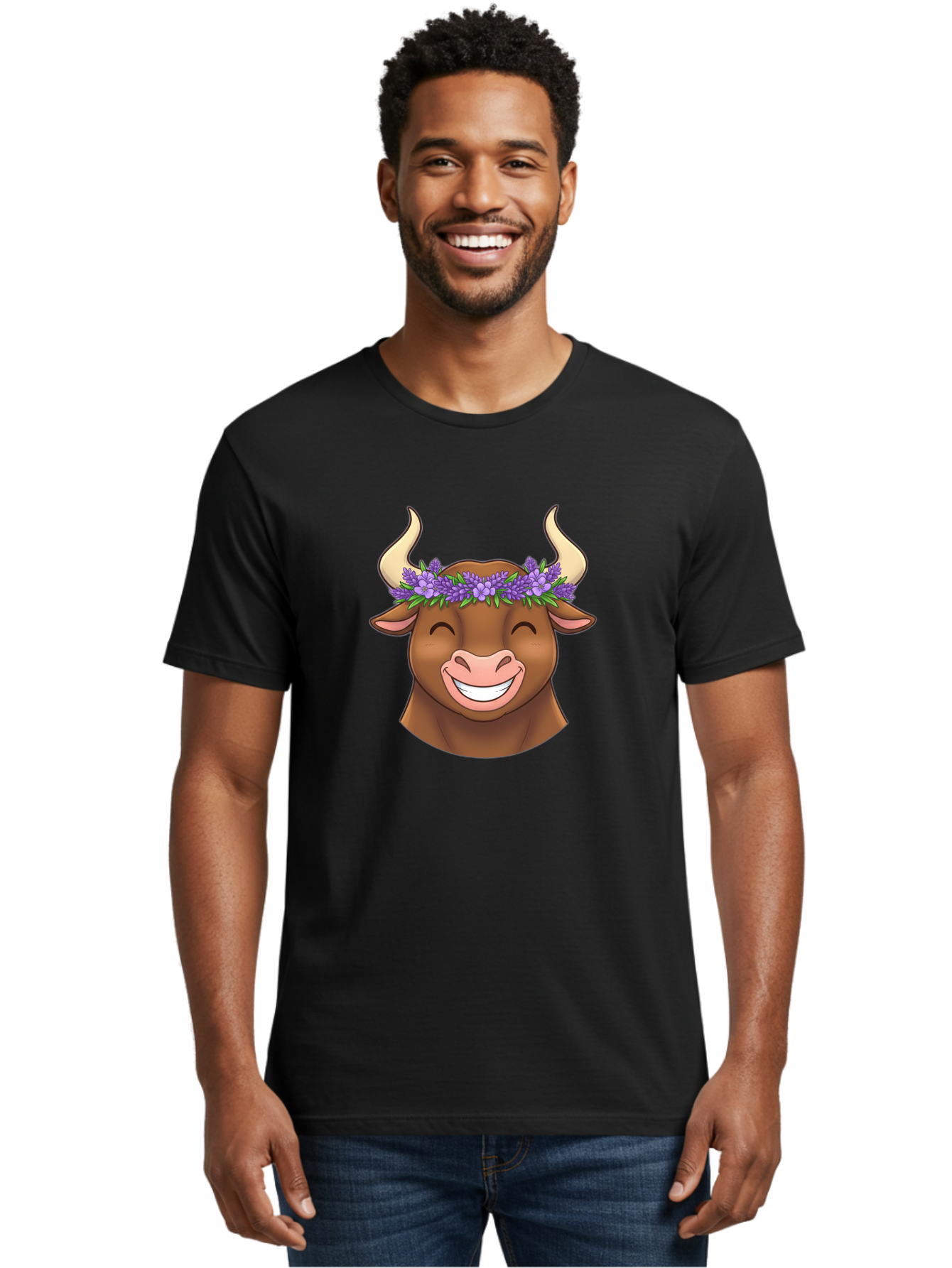 Cow-With-Lavender-Flowers Men'S Graphic Tee, 100% Cotton, Comfortable Casual Summer Wear, Machine Washable, Cartoon Bull Head, Smiling Face, Lavender Flowers, Crown Of Flowers, Happy Animal, Cartoon Character, Bull With Horns, Bae159