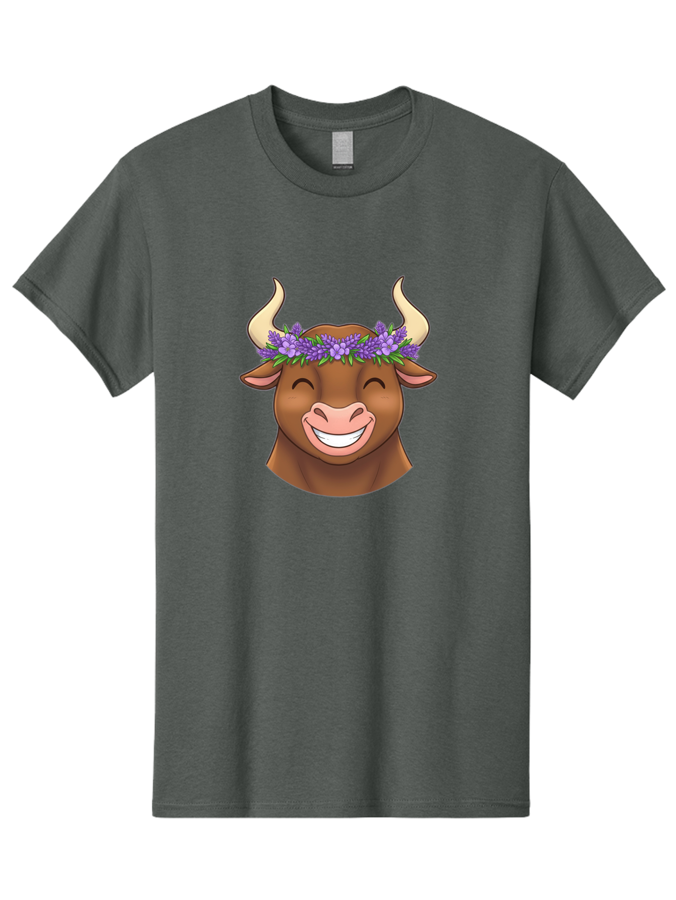Cow-With-Lavender-Flowers Men'S Graphic Tee, 100% Cotton, Comfortable Casual Summer Wear, Machine Washable, Cartoon Bull Head, Smiling Face, Lavender Flowers, Crown Of Flowers, Happy Animal, Cartoon Character, Bull With Horns, Bae159