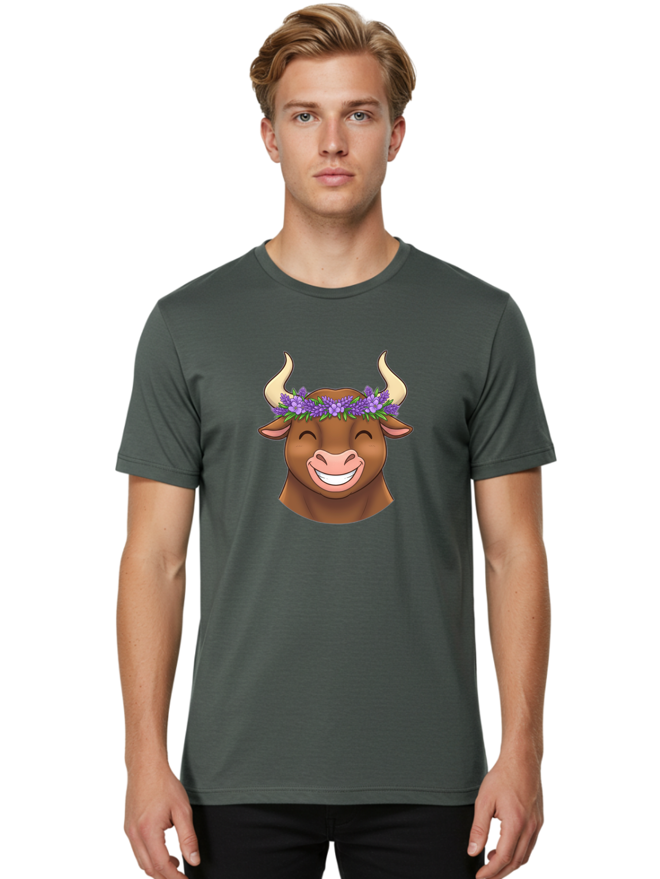 Cow-With-Lavender-Flowers Men'S Graphic Tee, 100% Cotton, Comfortable Casual Summer Wear, Machine Washable, Cartoon Bull Head, Smiling Face, Lavender Flowers, Crown Of Flowers, Happy Animal, Cartoon Character, Bull With Horns, Bae159