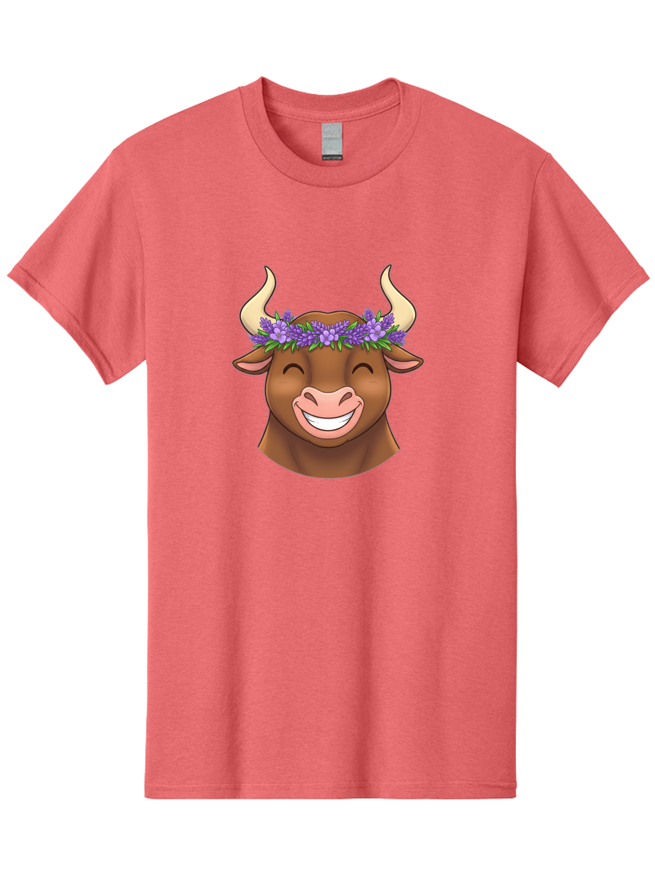 Cow-With-Lavender-Flowers Men'S Graphic Tee, 100% Cotton, Comfortable Casual Summer Wear, Machine Washable, Cartoon Bull Head, Smiling Face, Lavender Flowers, Crown Of Flowers, Happy Animal, Cartoon Character, Bull With Horns, Bae159