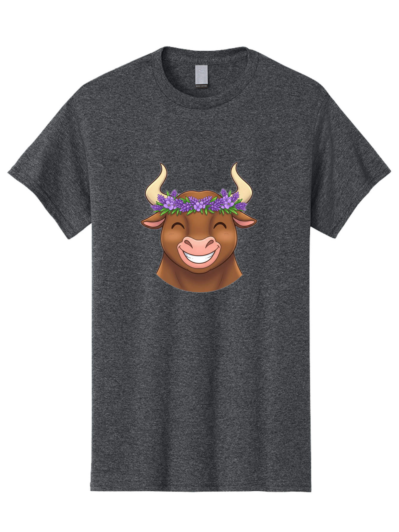Cow-With-Lavender-Flowers Men'S Graphic Tee, 100% Cotton, Comfortable Casual Summer Wear, Machine Washable, Cartoon Bull Head, Smiling Face, Lavender Flowers, Crown Of Flowers, Happy Animal, Cartoon Character, Bull With Horns, Bae159