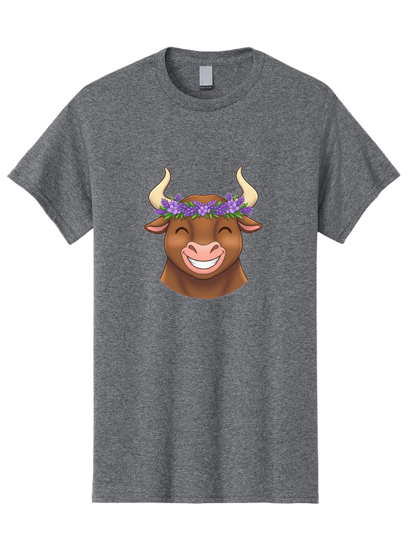 Cow-With-Lavender-Flowers Men'S Graphic Tee, 100% Cotton, Comfortable Casual Summer Wear, Machine Washable, Cartoon Bull Head, Smiling Face, Lavender Flowers, Crown Of Flowers, Happy Animal, Cartoon Character, Bull With Horns, Bae159