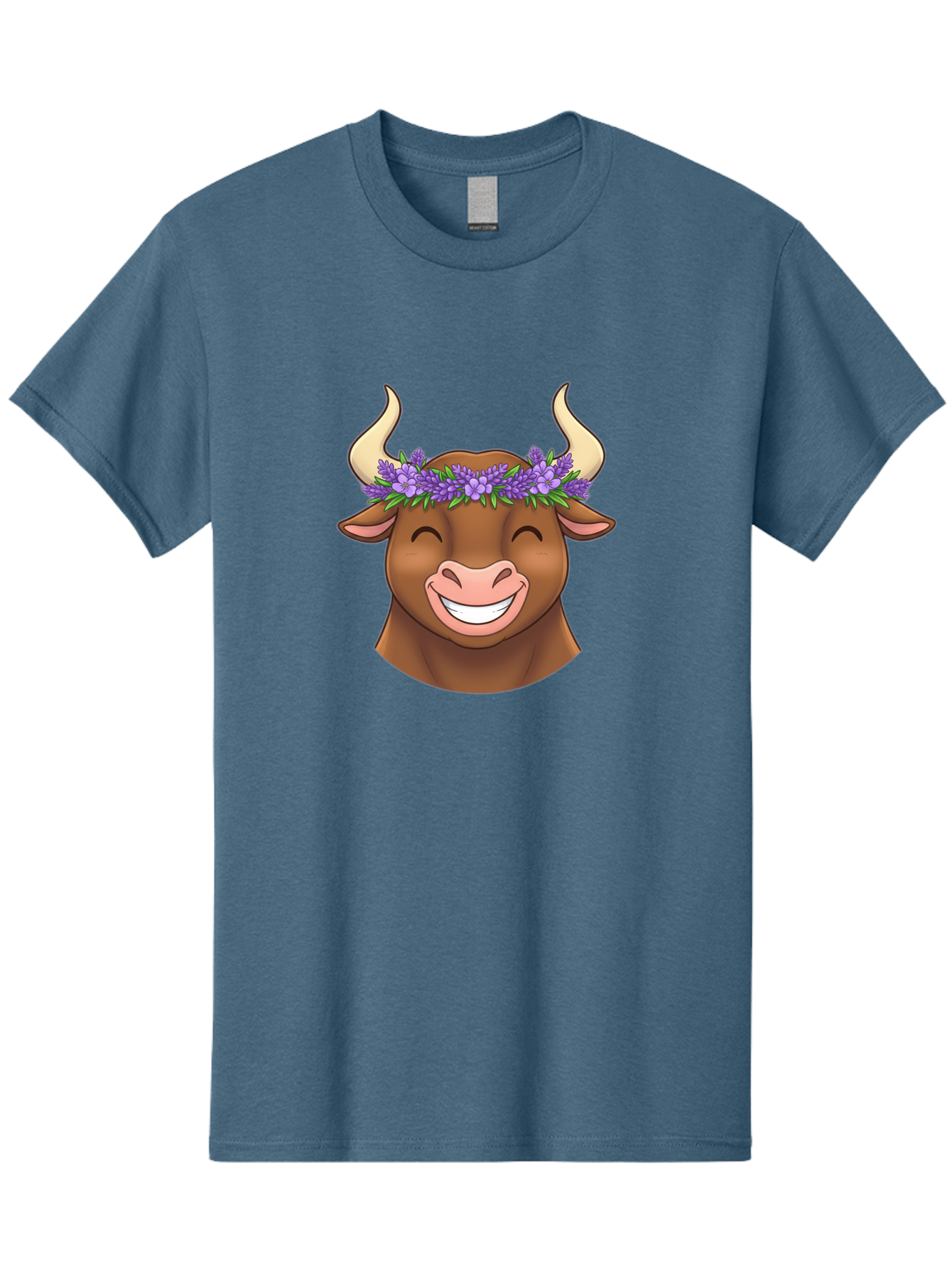 Cow-With-Lavender-Flowers Men'S Graphic Tee, 100% Cotton, Comfortable Casual Summer Wear, Machine Washable, Cartoon Bull Head, Smiling Face, Lavender Flowers, Crown Of Flowers, Happy Animal, Cartoon Character, Bull With Horns, Bae159