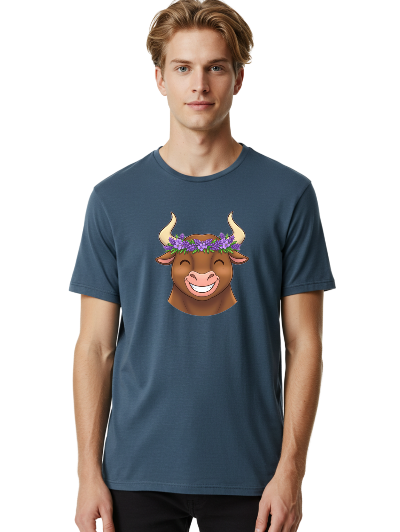 Cow-With-Lavender-Flowers Men'S Graphic Tee, 100% Cotton, Comfortable Casual Summer Wear, Machine Washable, Cartoon Bull Head, Smiling Face, Lavender Flowers, Crown Of Flowers, Happy Animal, Cartoon Character, Bull With Horns, Bae159