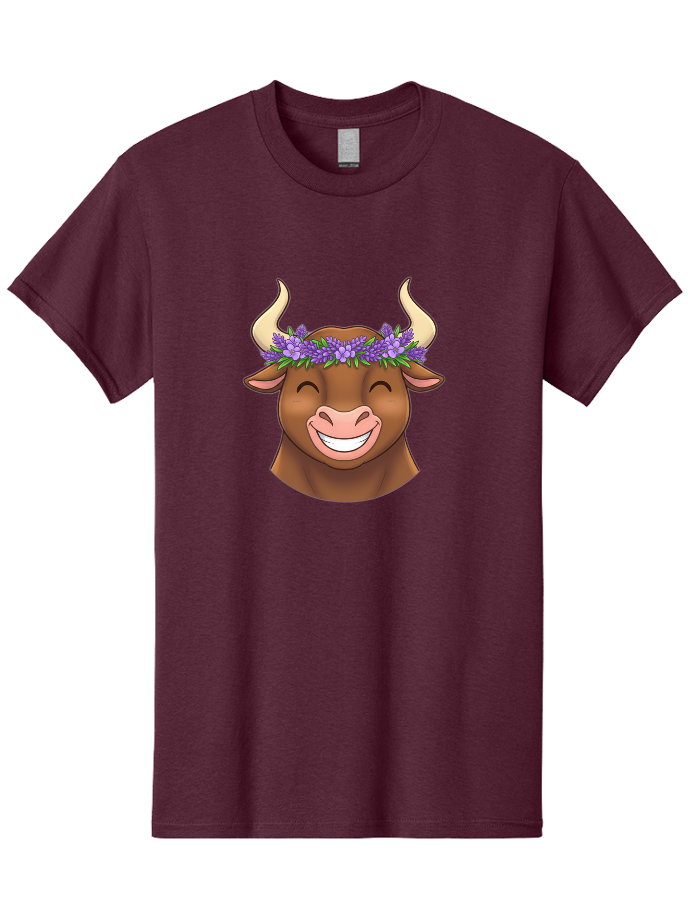 Cow-With-Lavender-Flowers Men'S Graphic Tee, 100% Cotton, Comfortable Casual Summer Wear, Machine Washable, Cartoon Bull Head, Smiling Face, Lavender Flowers, Crown Of Flowers, Happy Animal, Cartoon Character, Bull With Horns, Bae159