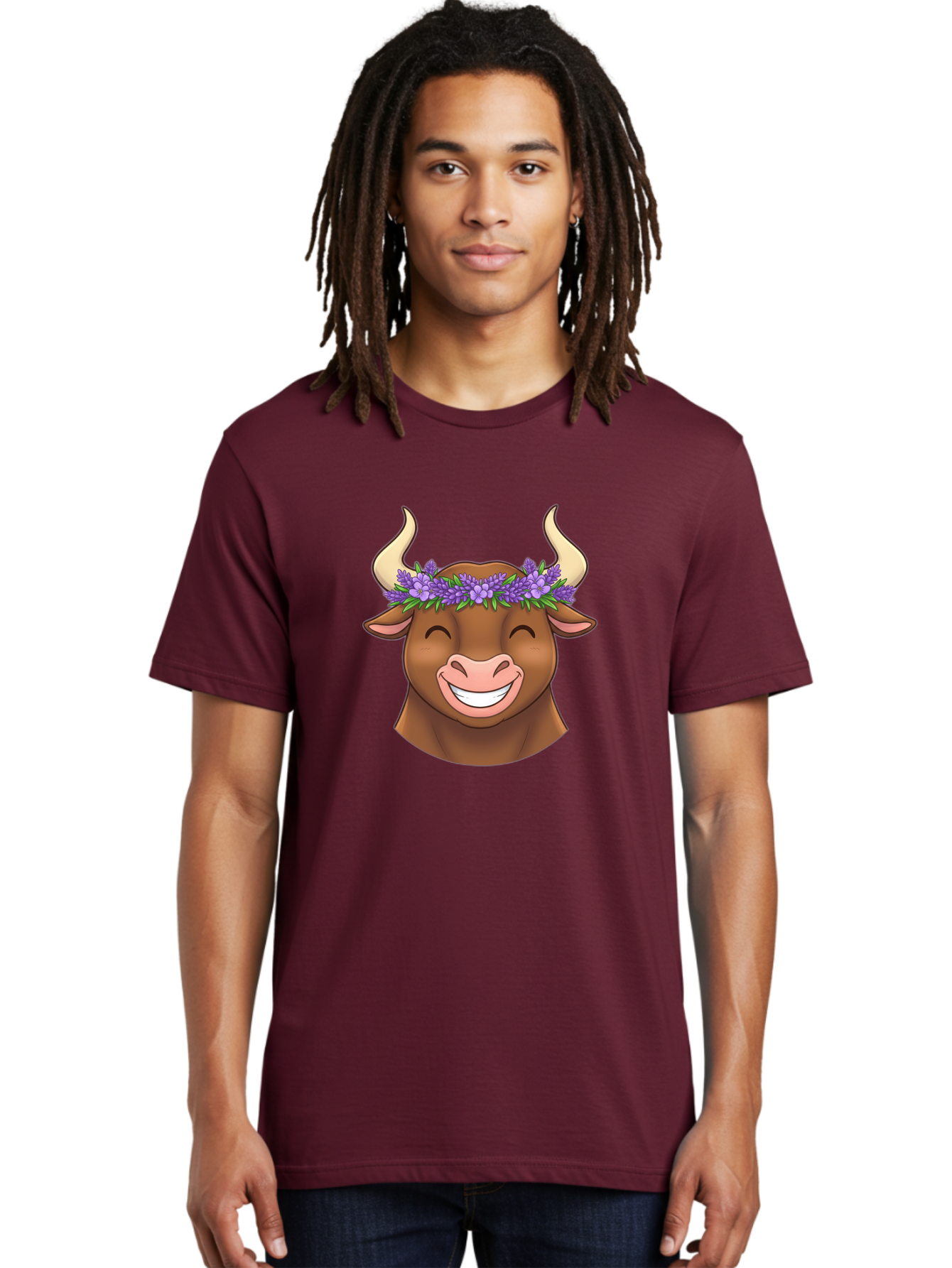 Cow-With-Lavender-Flowers Men'S Graphic Tee, 100% Cotton, Comfortable Casual Summer Wear, Machine Washable, Cartoon Bull Head, Smiling Face, Lavender Flowers, Crown Of Flowers, Happy Animal, Cartoon Character, Bull With Horns, Bae159