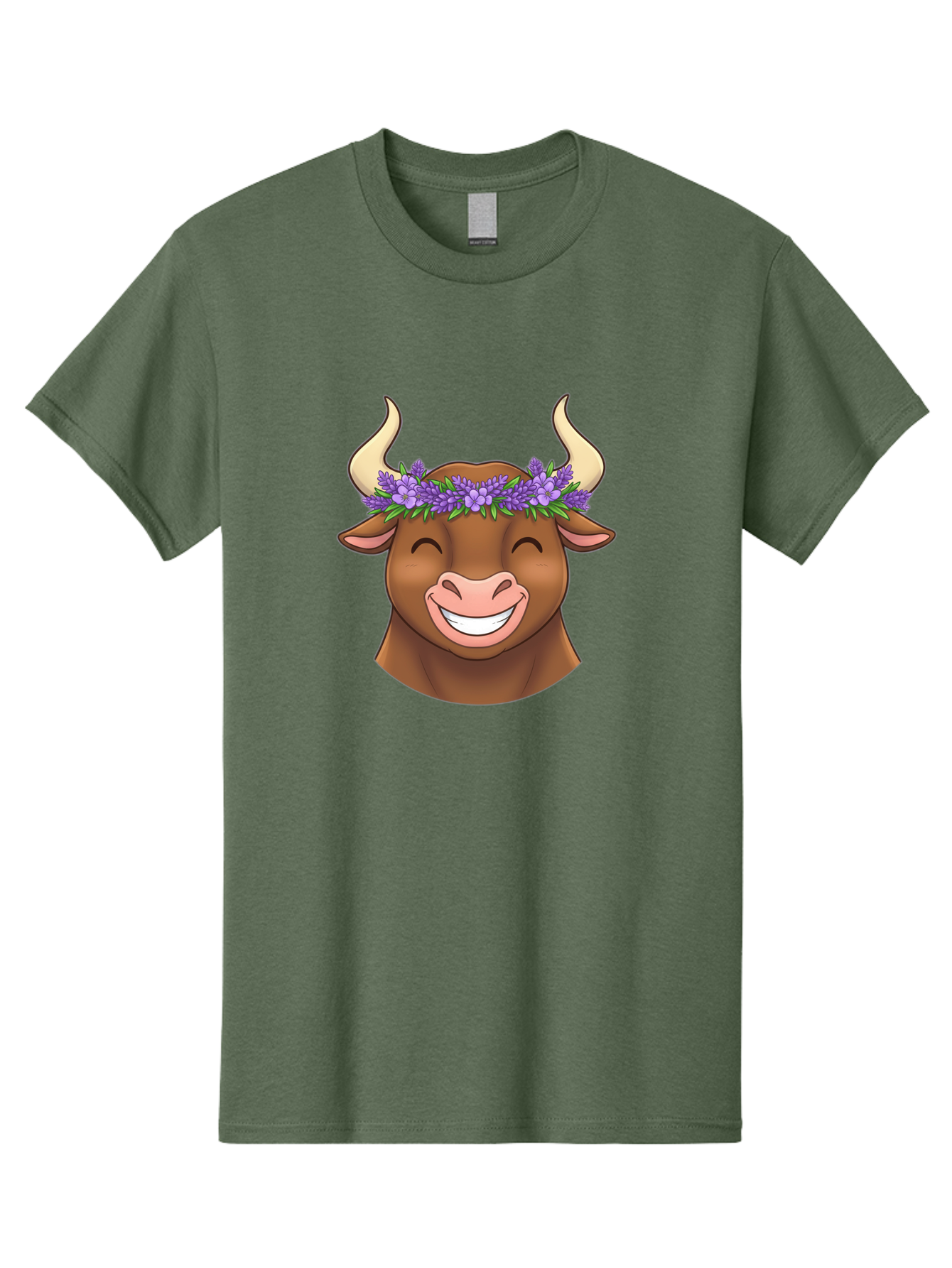 Cow-With-Lavender-Flowers Men'S Graphic Tee, 100% Cotton, Comfortable Casual Summer Wear, Machine Washable, Cartoon Bull Head, Smiling Face, Lavender Flowers, Crown Of Flowers, Happy Animal, Cartoon Character, Bull With Horns, Bae159