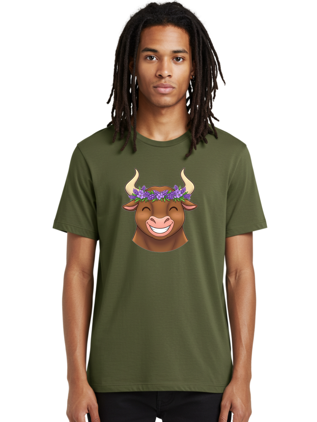 Cow-With-Lavender-Flowers Men'S Graphic Tee, 100% Cotton, Comfortable Casual Summer Wear, Machine Washable, Cartoon Bull Head, Smiling Face, Lavender Flowers, Crown Of Flowers, Happy Animal, Cartoon Character, Bull With Horns, Bae159