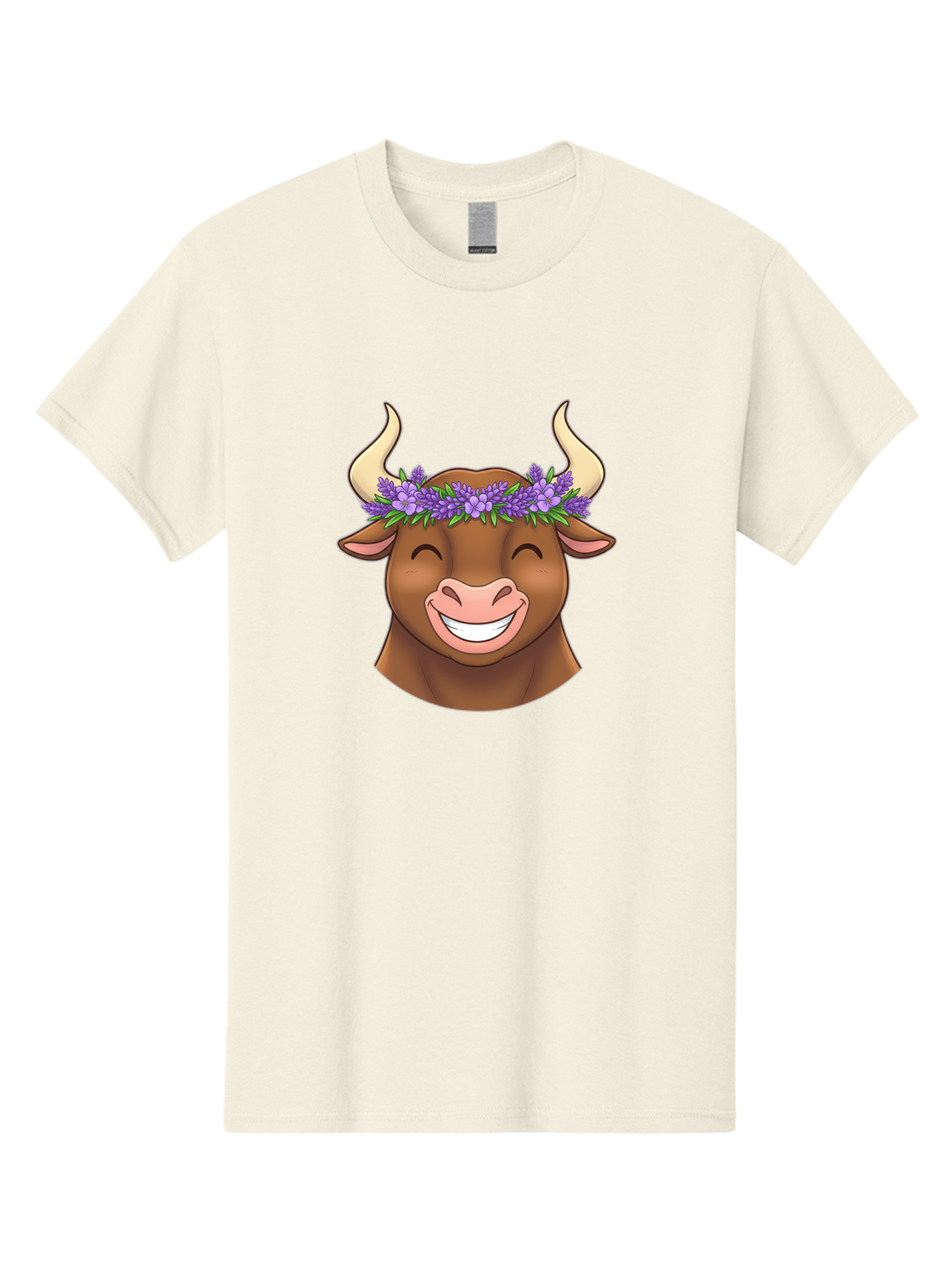 Cow-With-Lavender-Flowers Men'S Graphic Tee, 100% Cotton, Comfortable Casual Summer Wear, Machine Washable, Cartoon Bull Head, Smiling Face, Lavender Flowers, Crown Of Flowers, Happy Animal, Cartoon Character, Bull With Horns, Bae159