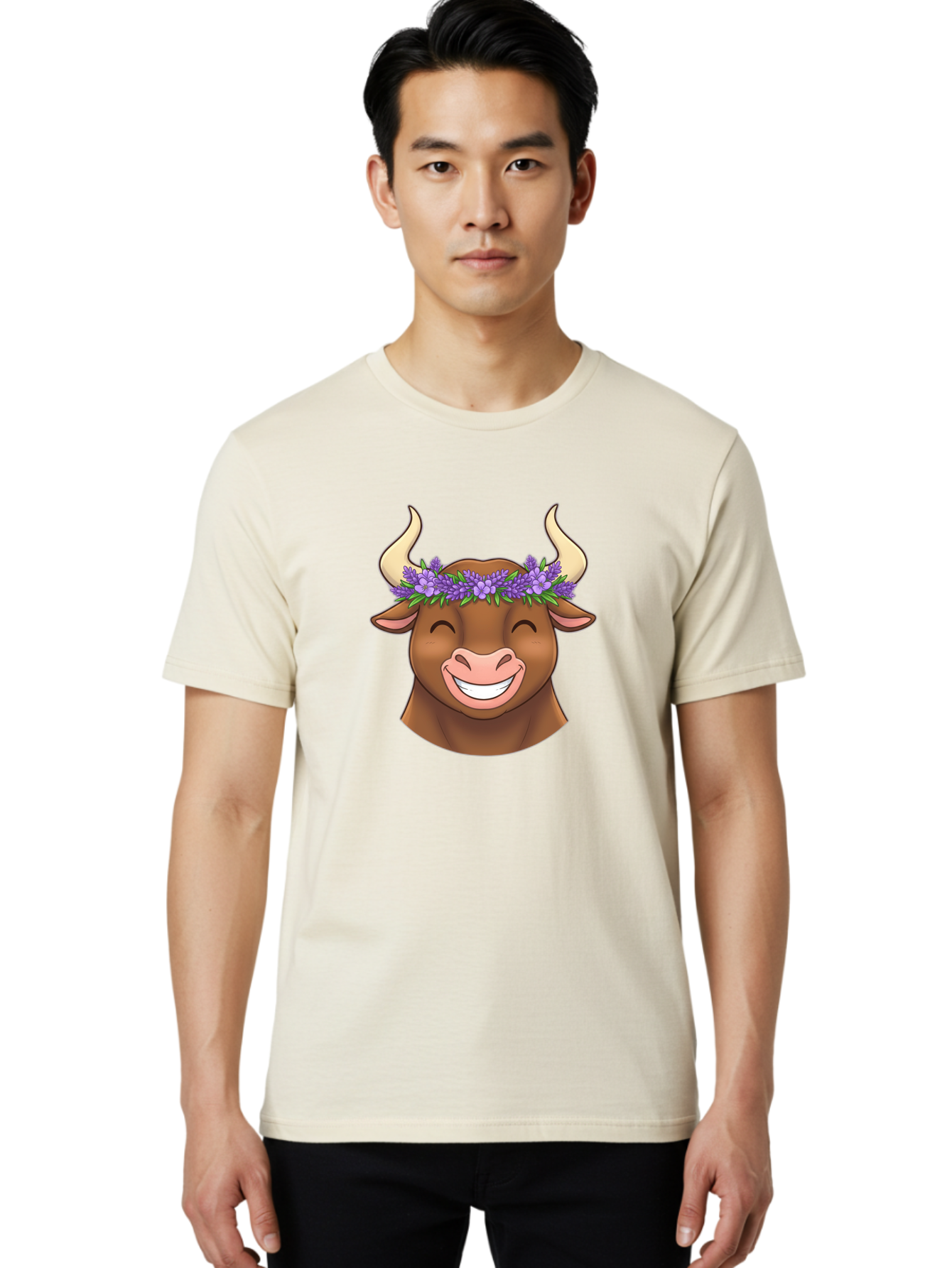 Cow-With-Lavender-Flowers Men'S Graphic Tee, 100% Cotton, Comfortable Casual Summer Wear, Machine Washable, Cartoon Bull Head, Smiling Face, Lavender Flowers, Crown Of Flowers, Happy Animal, Cartoon Character, Bull With Horns, Bae159