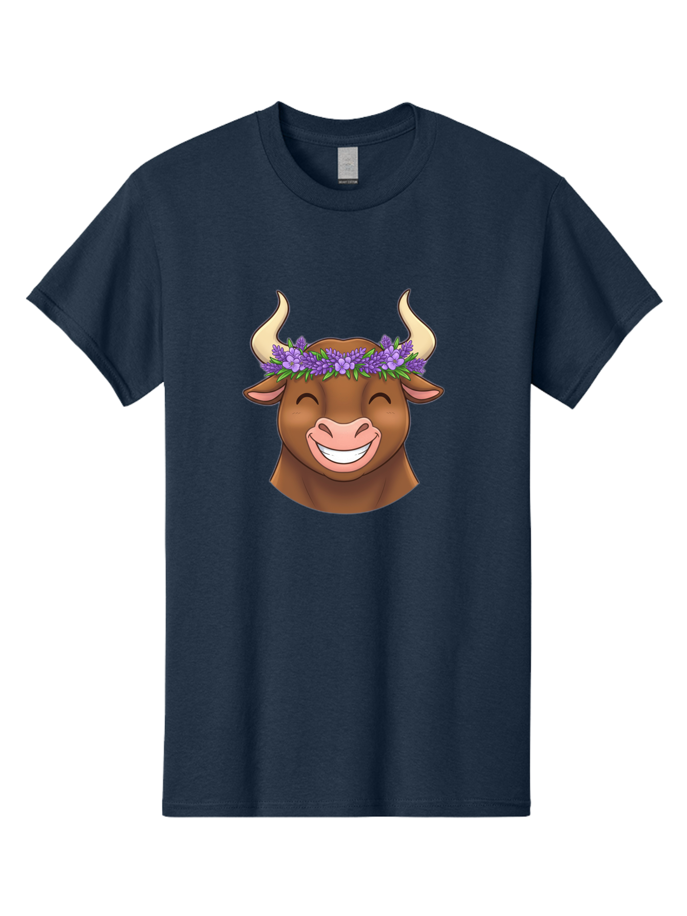 Cow-With-Lavender-Flowers Men'S Graphic Tee, 100% Cotton, Comfortable Casual Summer Wear, Machine Washable, Cartoon Bull Head, Smiling Face, Lavender Flowers, Crown Of Flowers, Happy Animal, Cartoon Character, Bull With Horns, Bae159