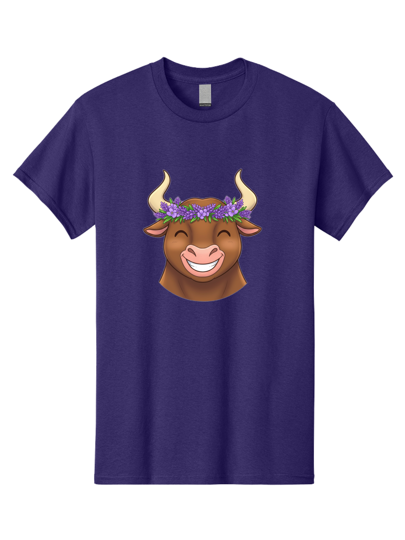 Cow-With-Lavender-Flowers Men'S Graphic Tee, 100% Cotton, Comfortable Casual Summer Wear, Machine Washable, Cartoon Bull Head, Smiling Face, Lavender Flowers, Crown Of Flowers, Happy Animal, Cartoon Character, Bull With Horns, Bae159