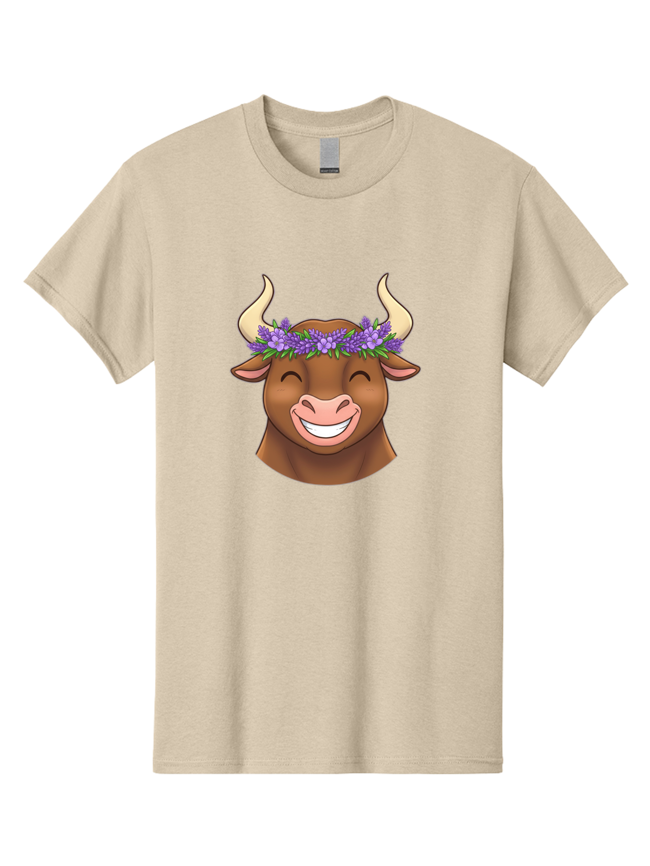 Cow-With-Lavender-Flowers Men'S Graphic Tee, 100% Cotton, Comfortable Casual Summer Wear, Machine Washable, Cartoon Bull Head, Smiling Face, Lavender Flowers, Crown Of Flowers, Happy Animal, Cartoon Character, Bull With Horns, Bae159